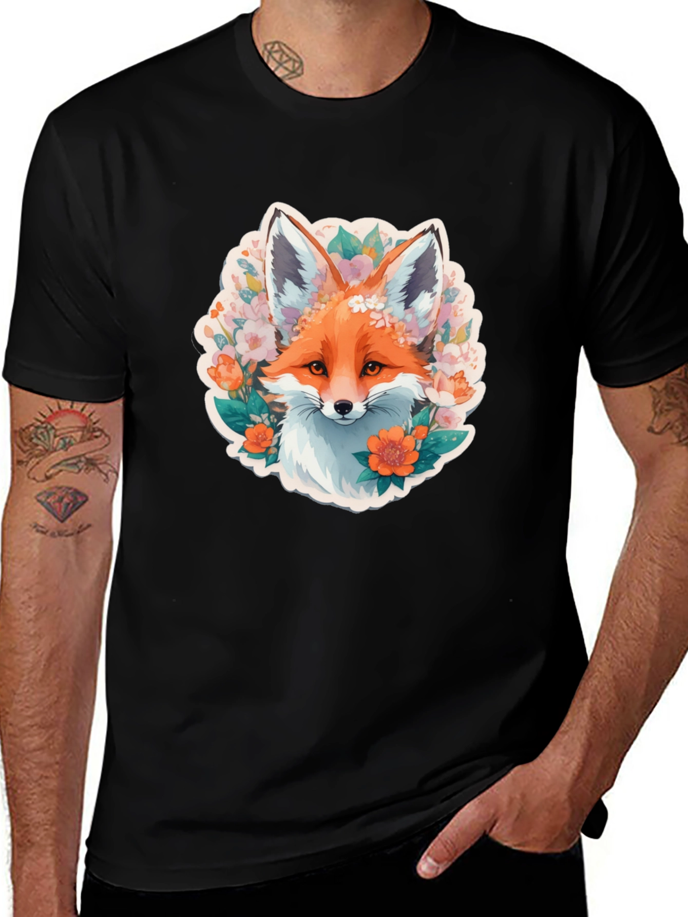 Variant 23 of Floral Fox Graphic Tee - Stylish Black T-Shirt