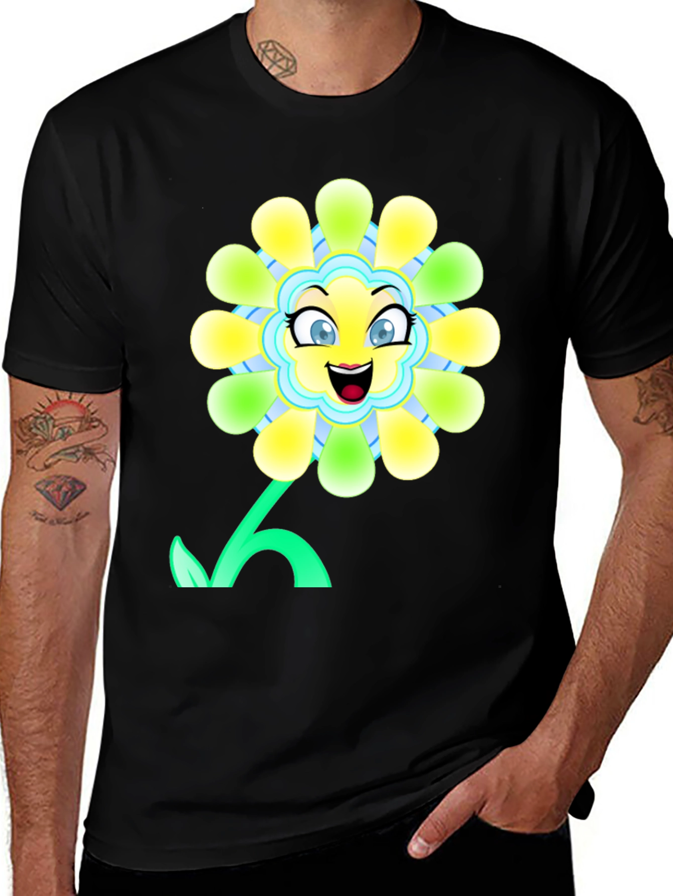Variant 17 of Smiling Flower Graphic Tee - Black Cotton Blend Shirt