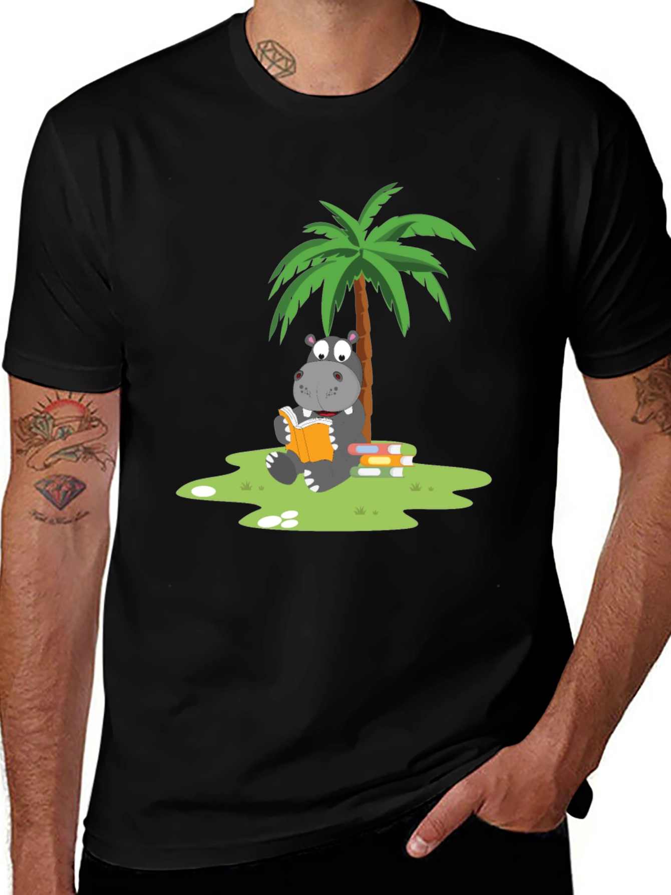 Variant 18 of Hippo Reading Under Palm Tree Graphic Tee