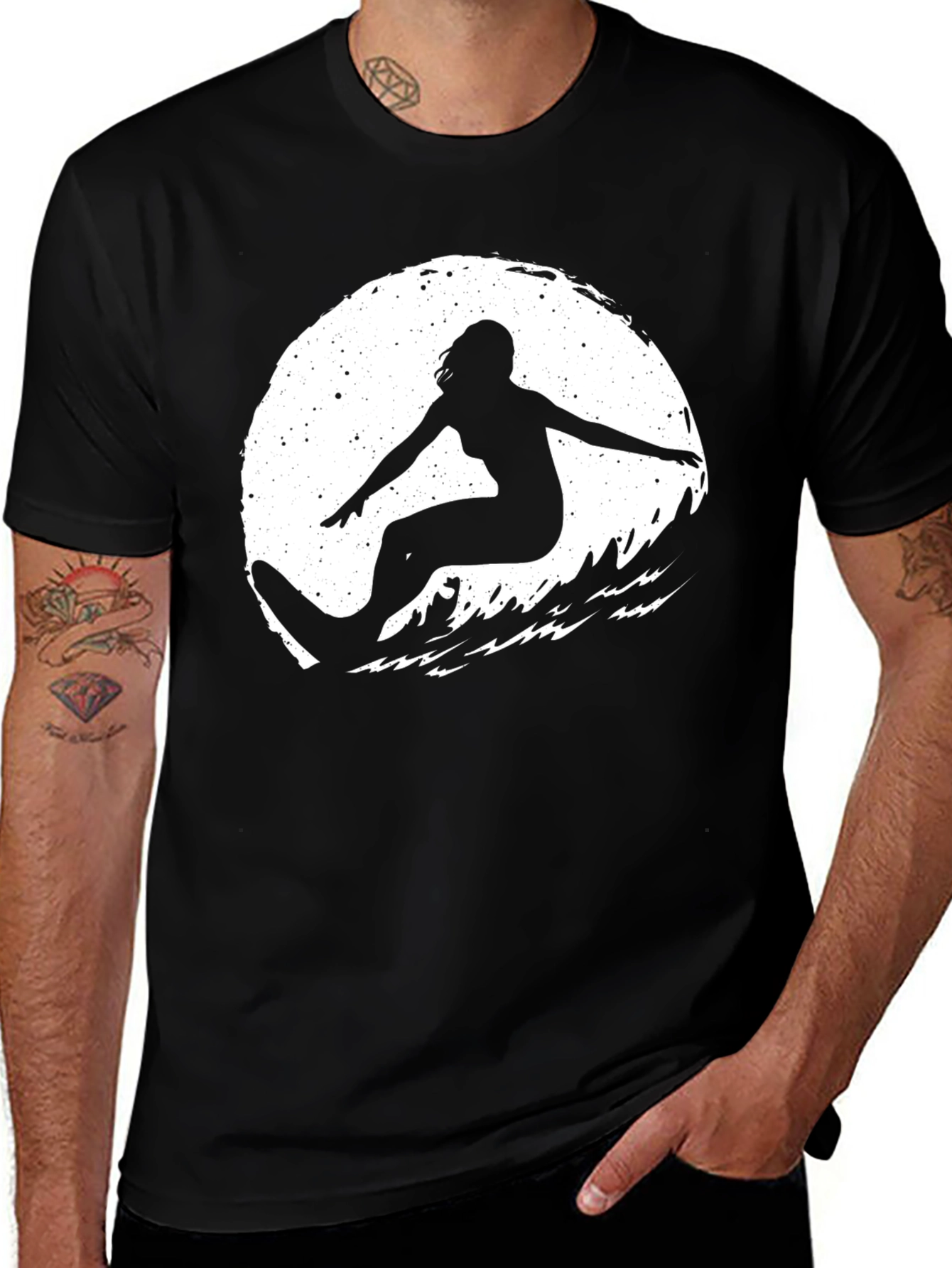 Variant 29 of Surfer Girl Graphic T-Shirt - Black Crew Neck Tee
