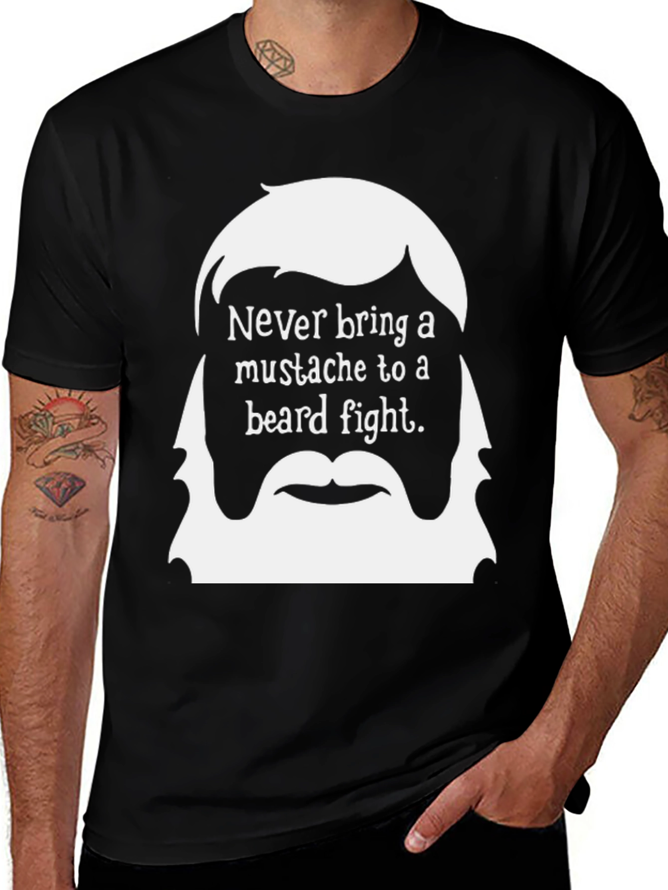 Variant 18 of Never Bring a Mustache to a Beard Fight T-Shirt