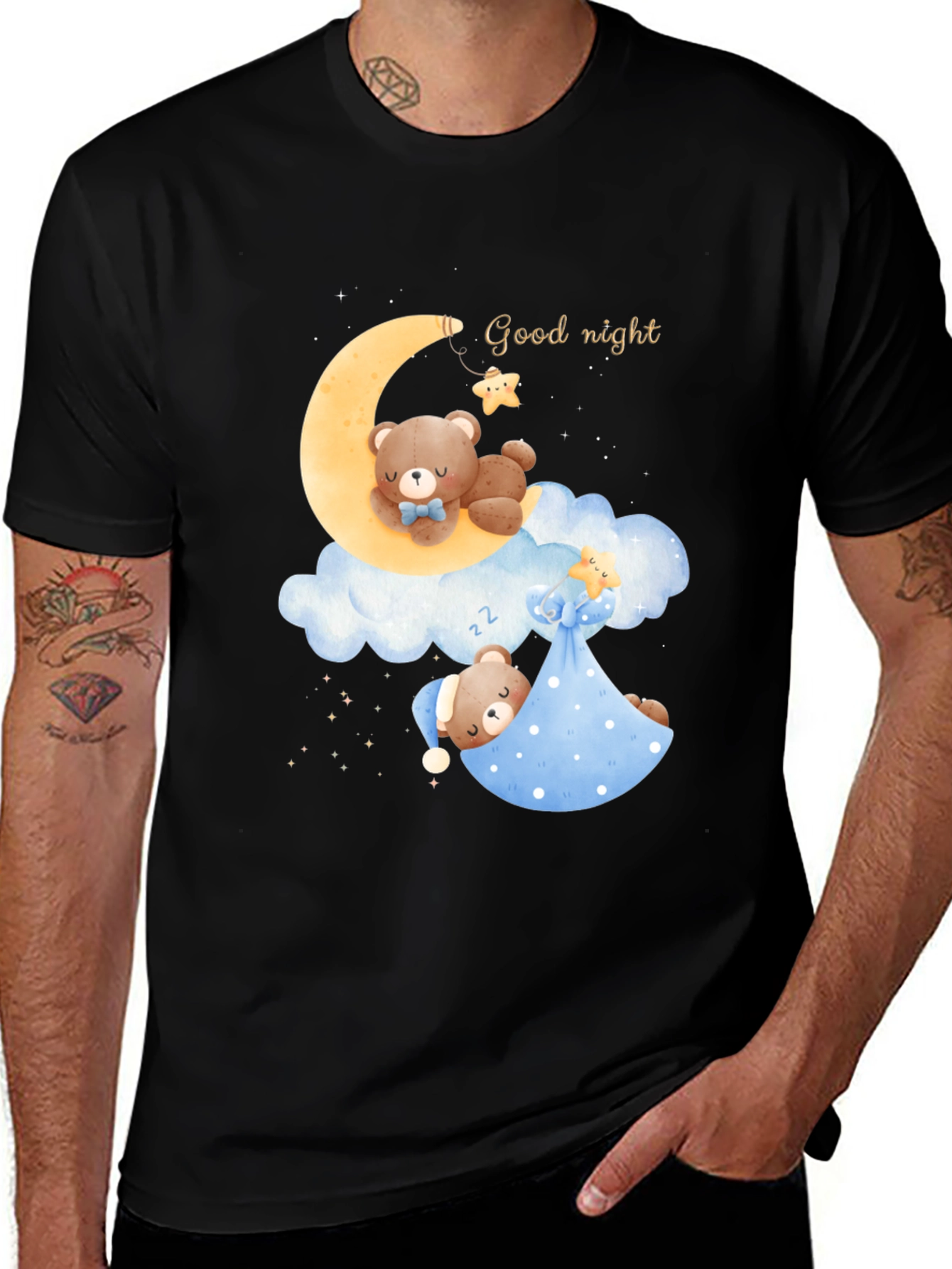 Variant 29 of Cute Sleeping Bear on Moon Black T-Shirt