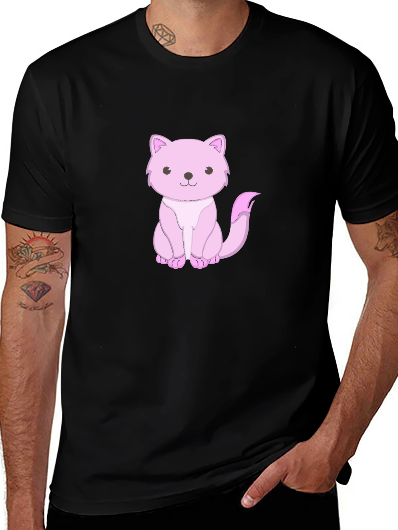 Variant 30 of Cute Pink Cat Graphic Tee - Black Cotton Shirt