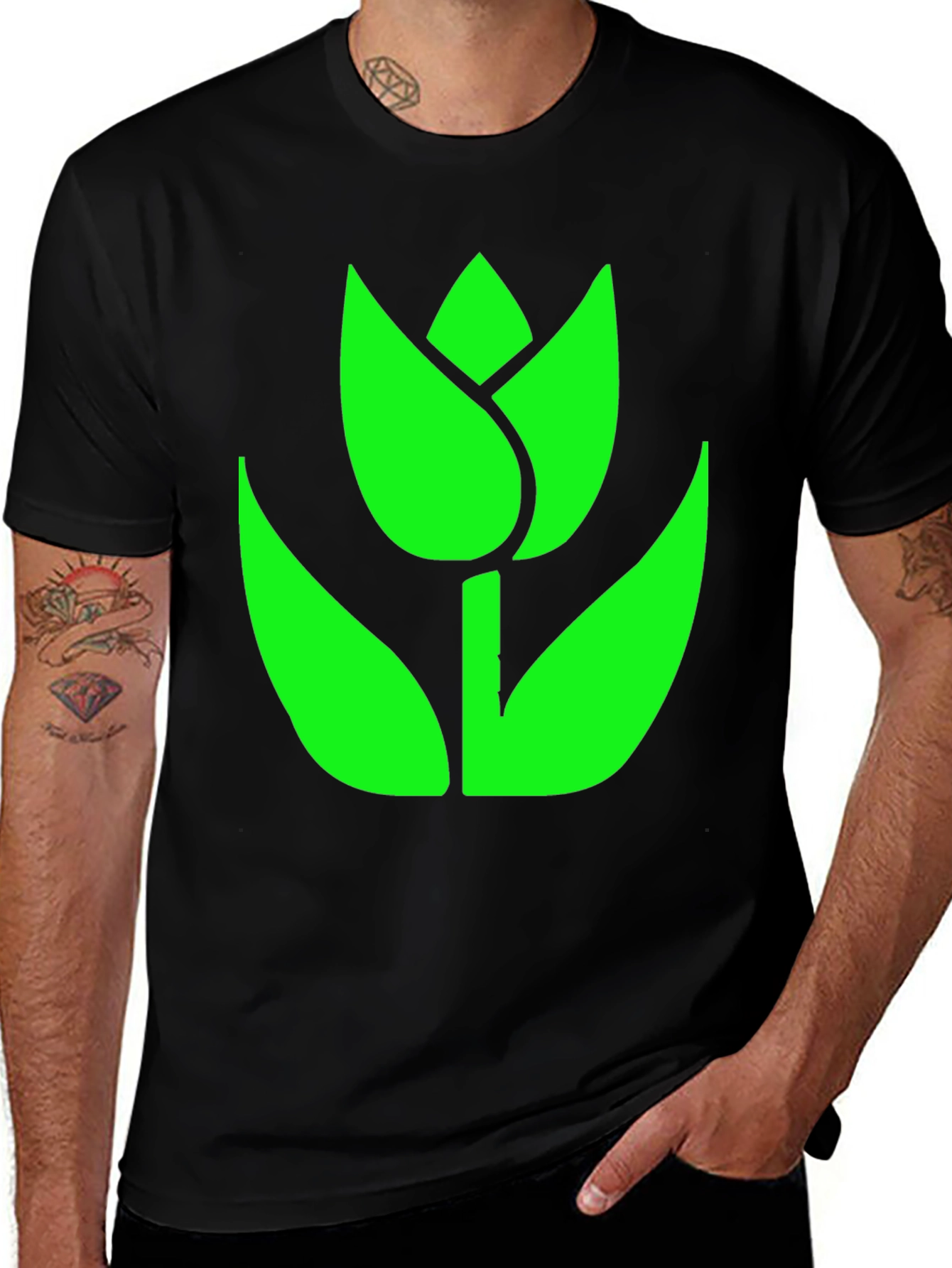 Green Tulip Graphic Black T-Shirt