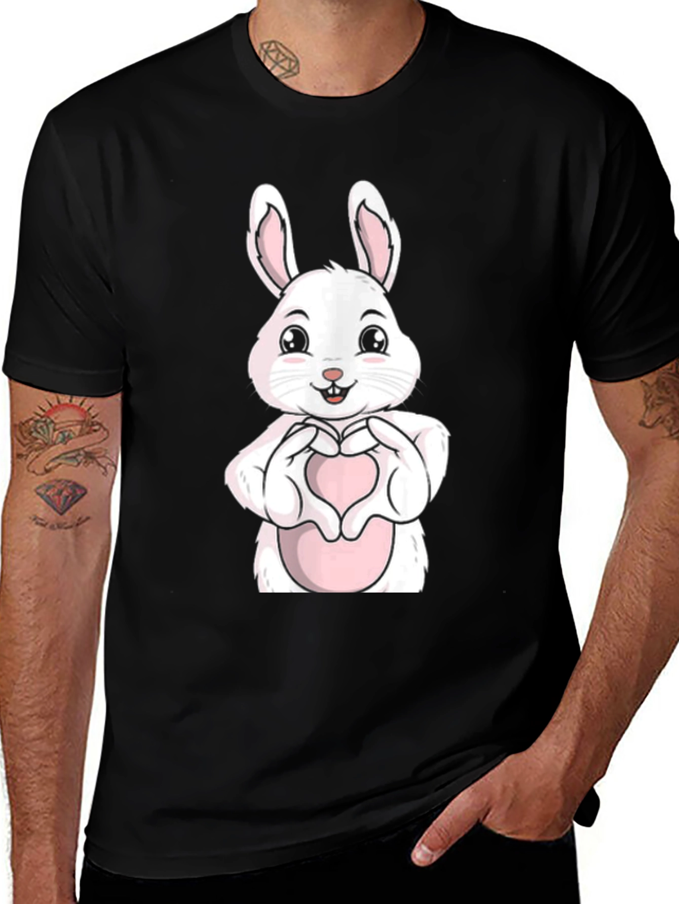 Variant 11 of Cute Bunny Heart Hands Graphic Tee - Black