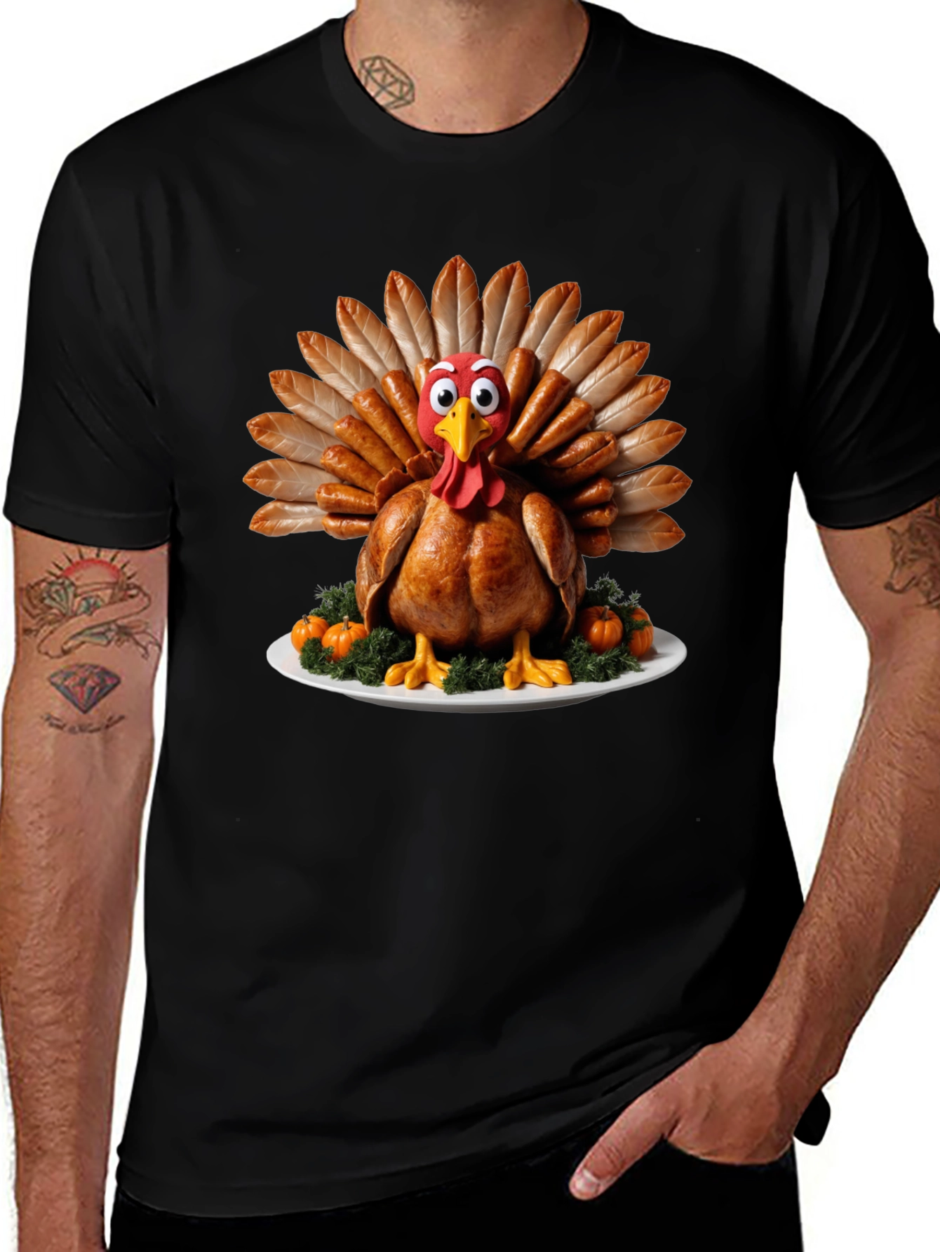 Variant 20 of Thanksgiving Turkey T-Shirt - Sausage Feather Cartoon Bird