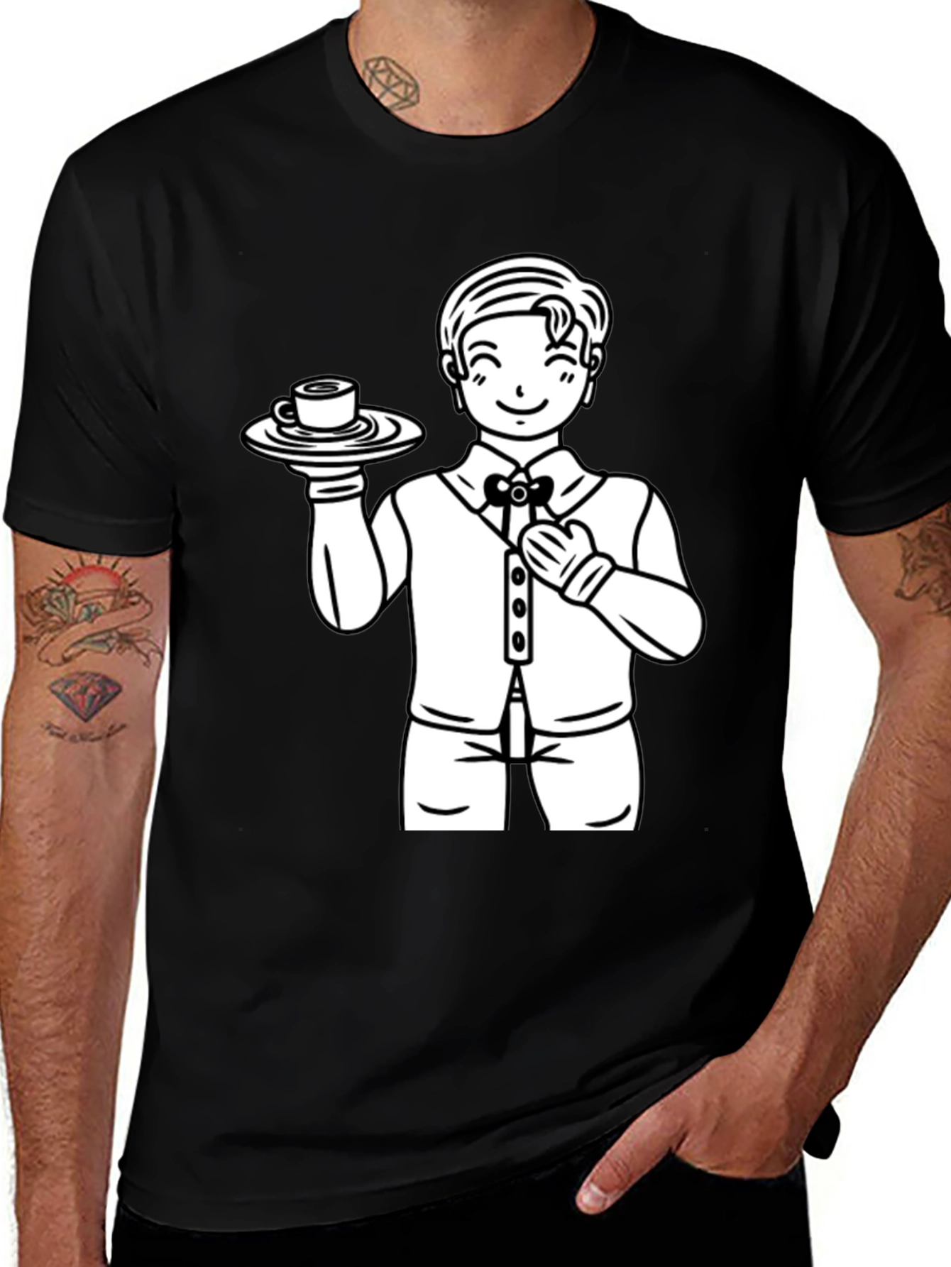 Cartoon Waiter Graphic Tee - Black