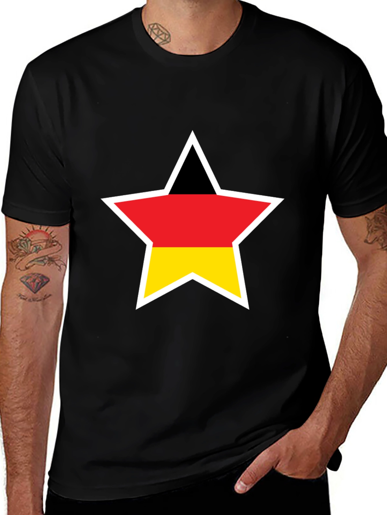 Variant 29 of German Flag Star T-Shirt - Black Crew Neck Tee