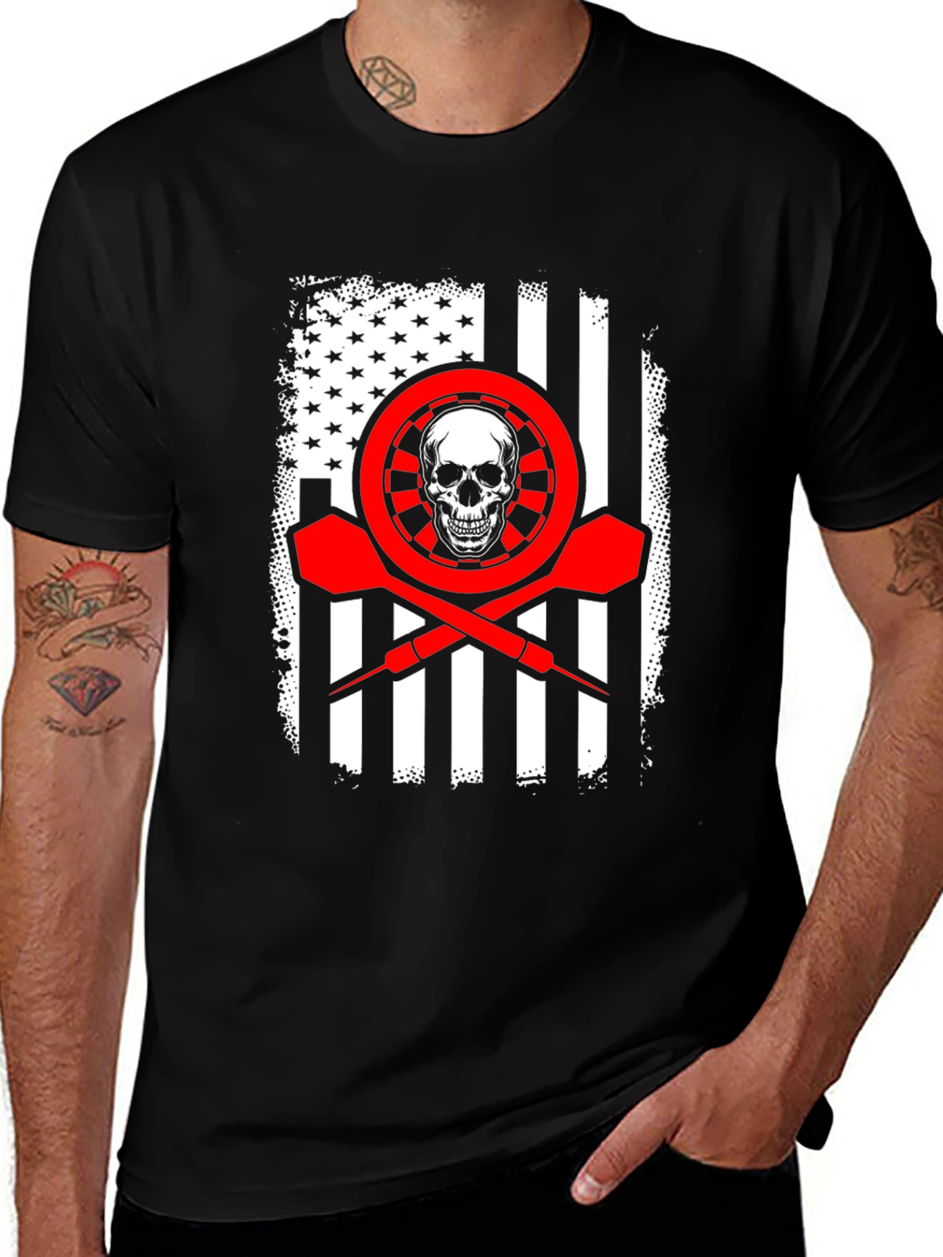 Black Darts Skull Flag T-Shirt - Patriotic Dart Player Tee main image