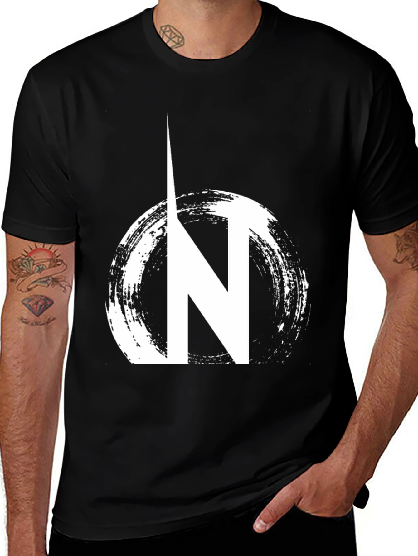 Variant 24 of Black Graphic Tee: 'N' Circle Design, Casual Wear
