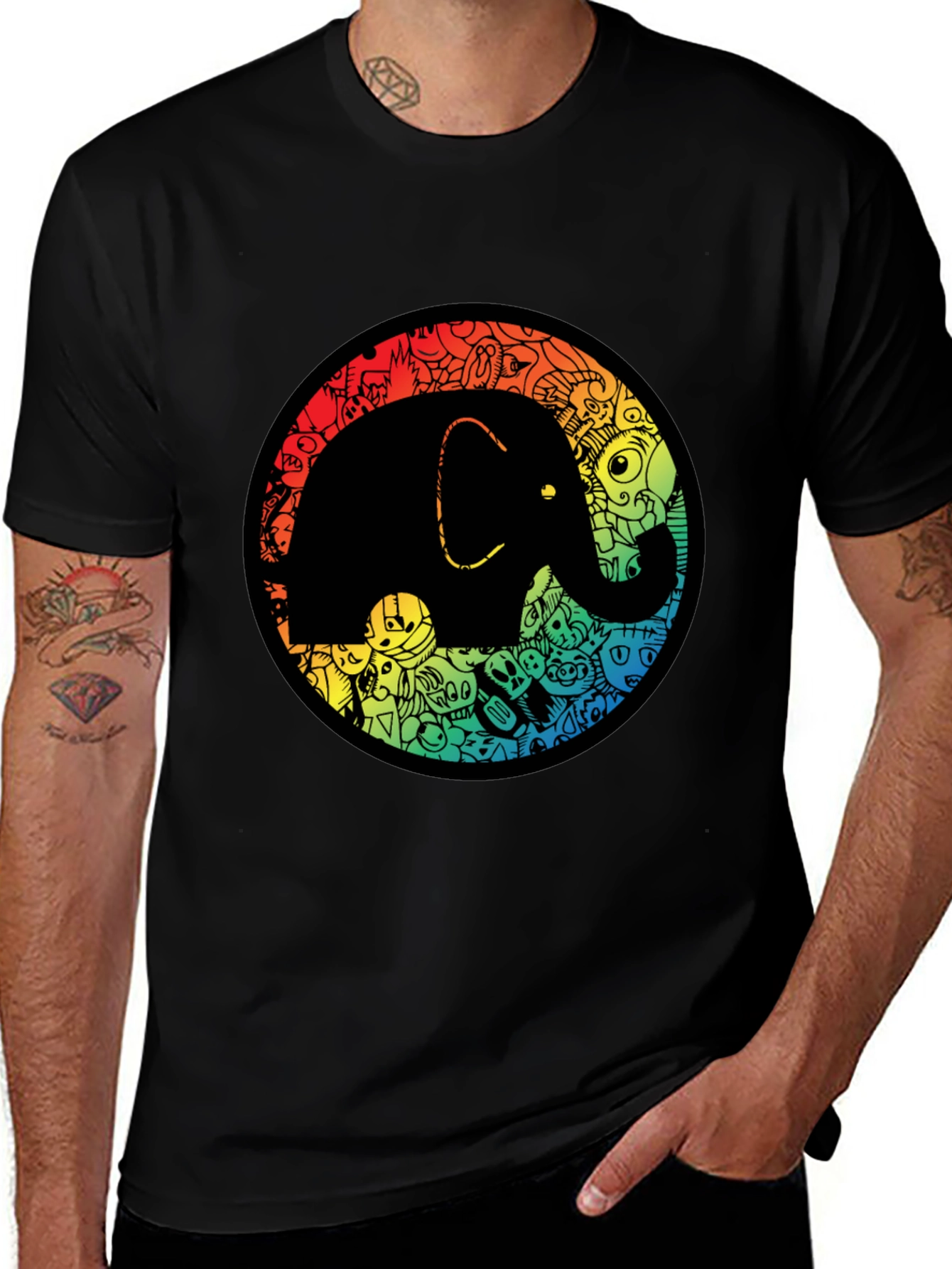 Variant 26 of Elephant Doodle Graphic Black T-Shirt