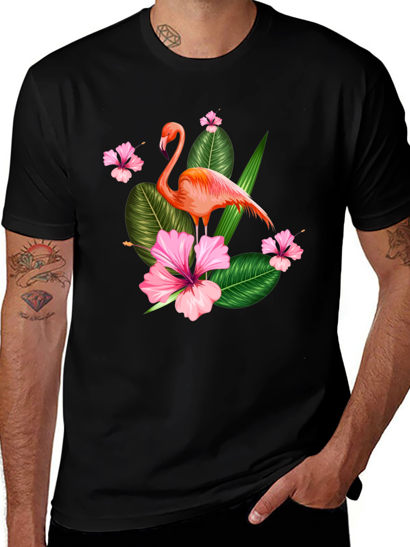 Black Tropical Flamingo Graphic T-Shirt main image