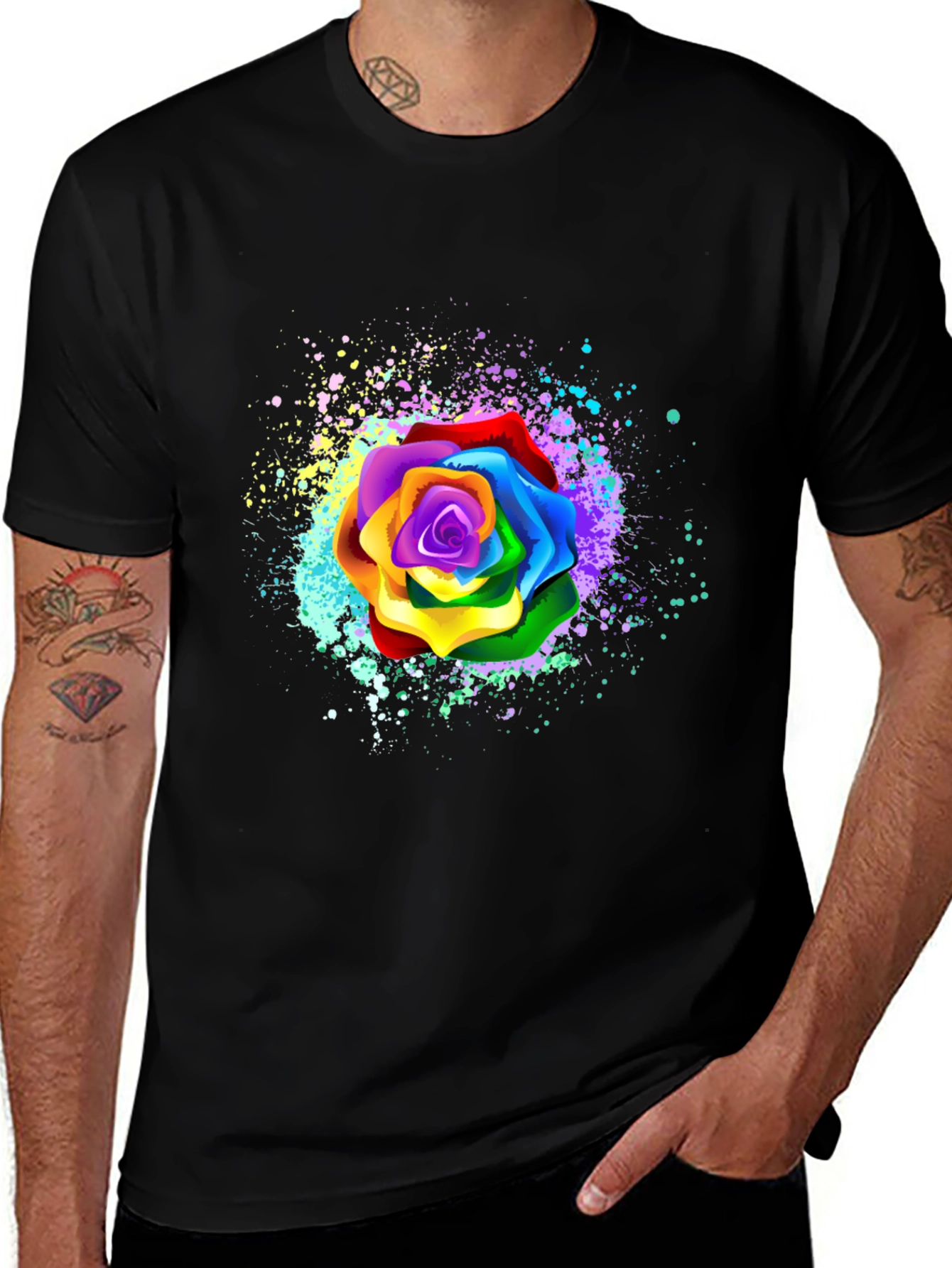 Variant 7 of Rainbow Rose Splatter Graphic Tee - Unique Design
