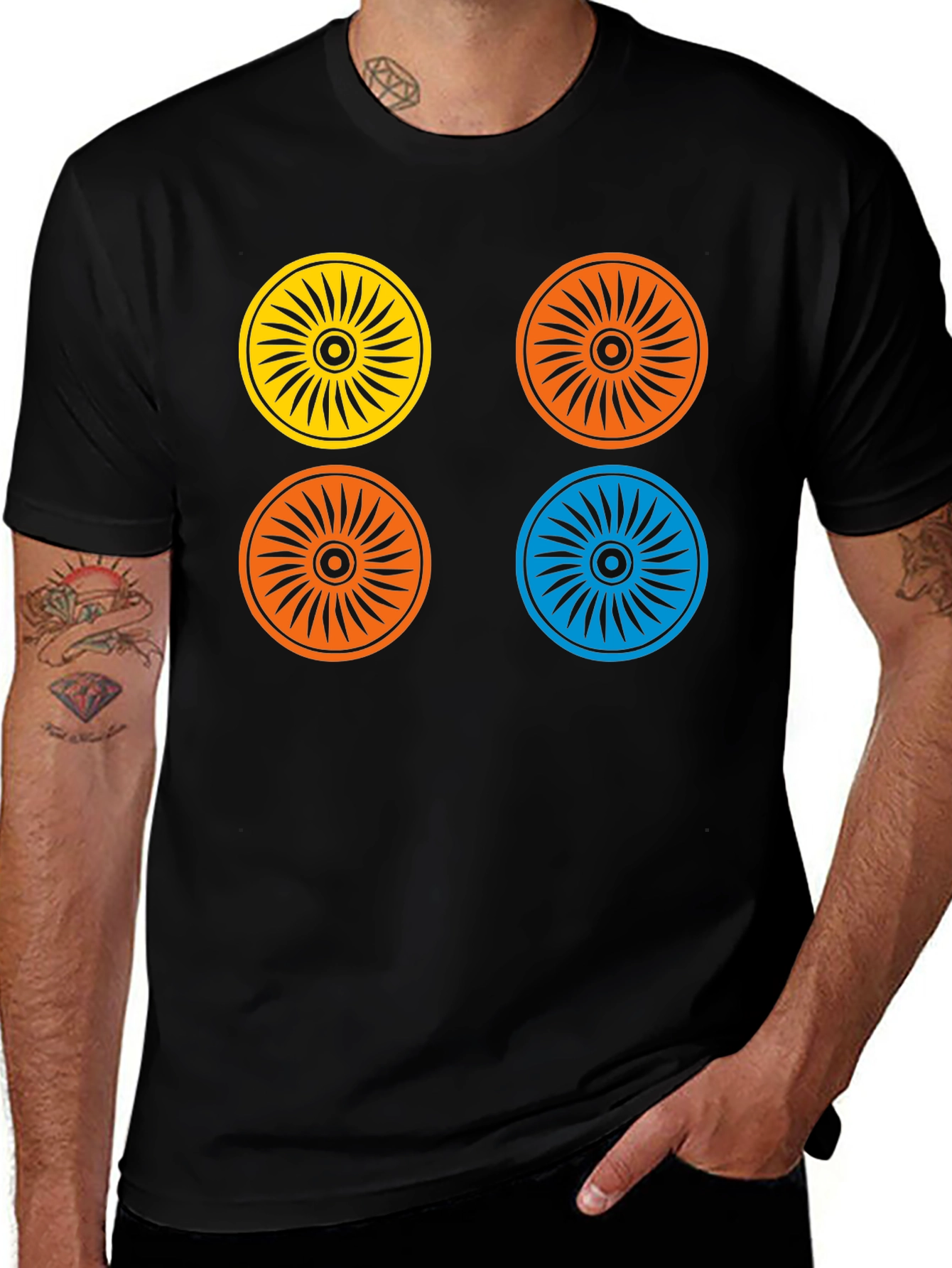 Retro Wheel Graphic Tee - Bold Color Circle Design