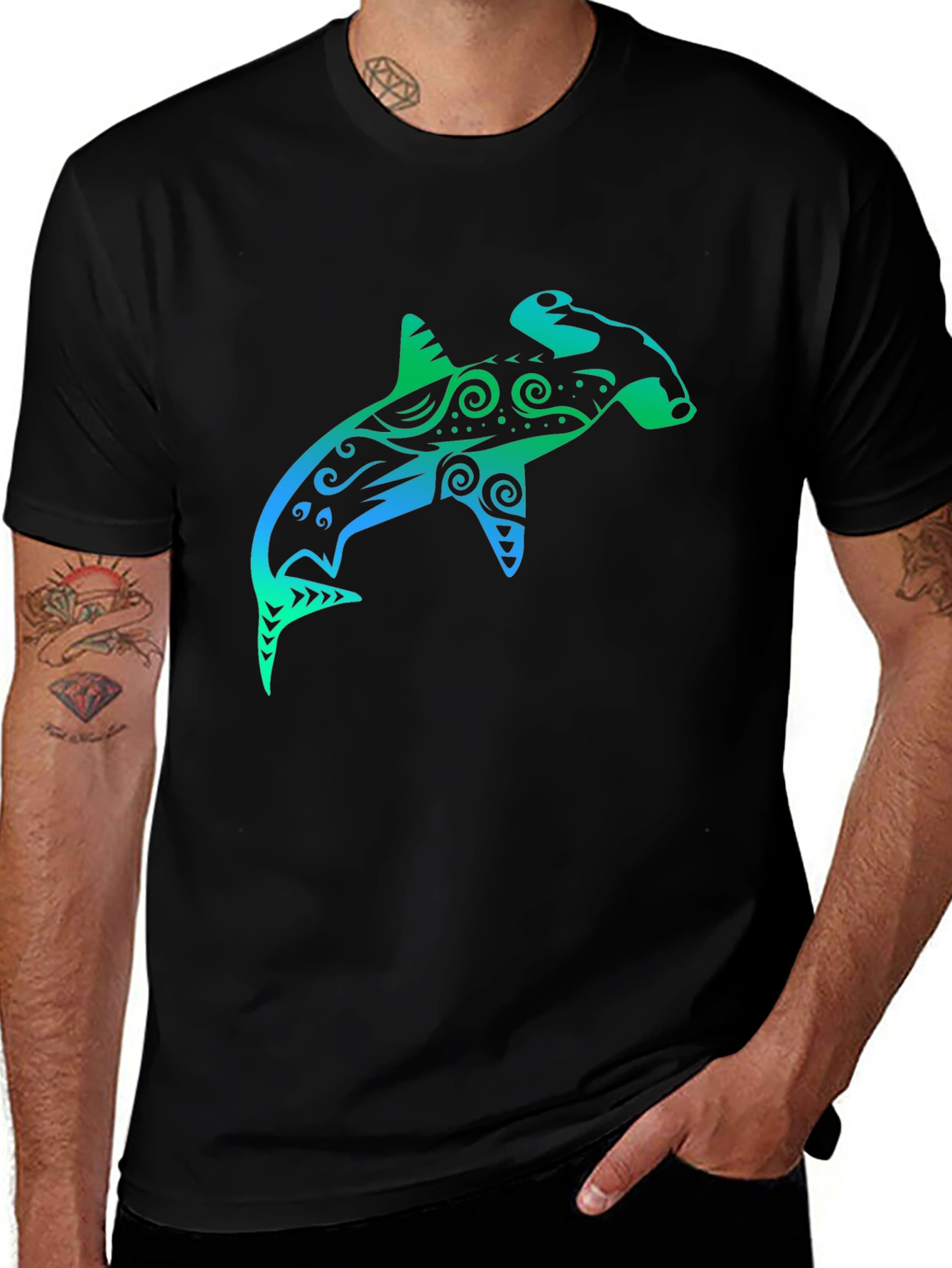 Variant 11 of Tribal Hammerhead Shark Graphic Tee - Black