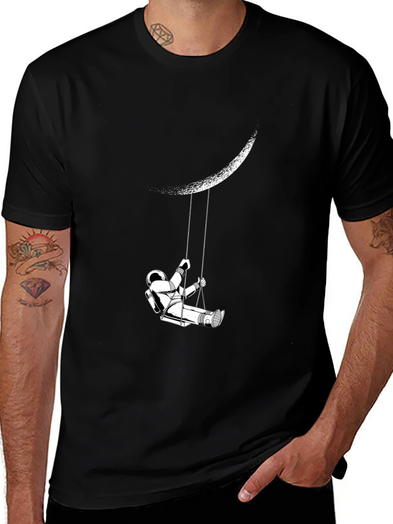 Astronaut Moon Swing Graphic Tee - Black Casual T-Shirt