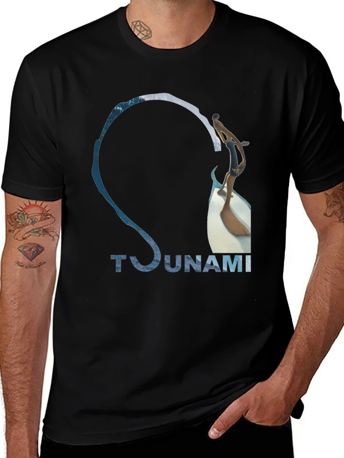 Variant 19 of Tsunami Wave Design Black Cotton T-Shirt