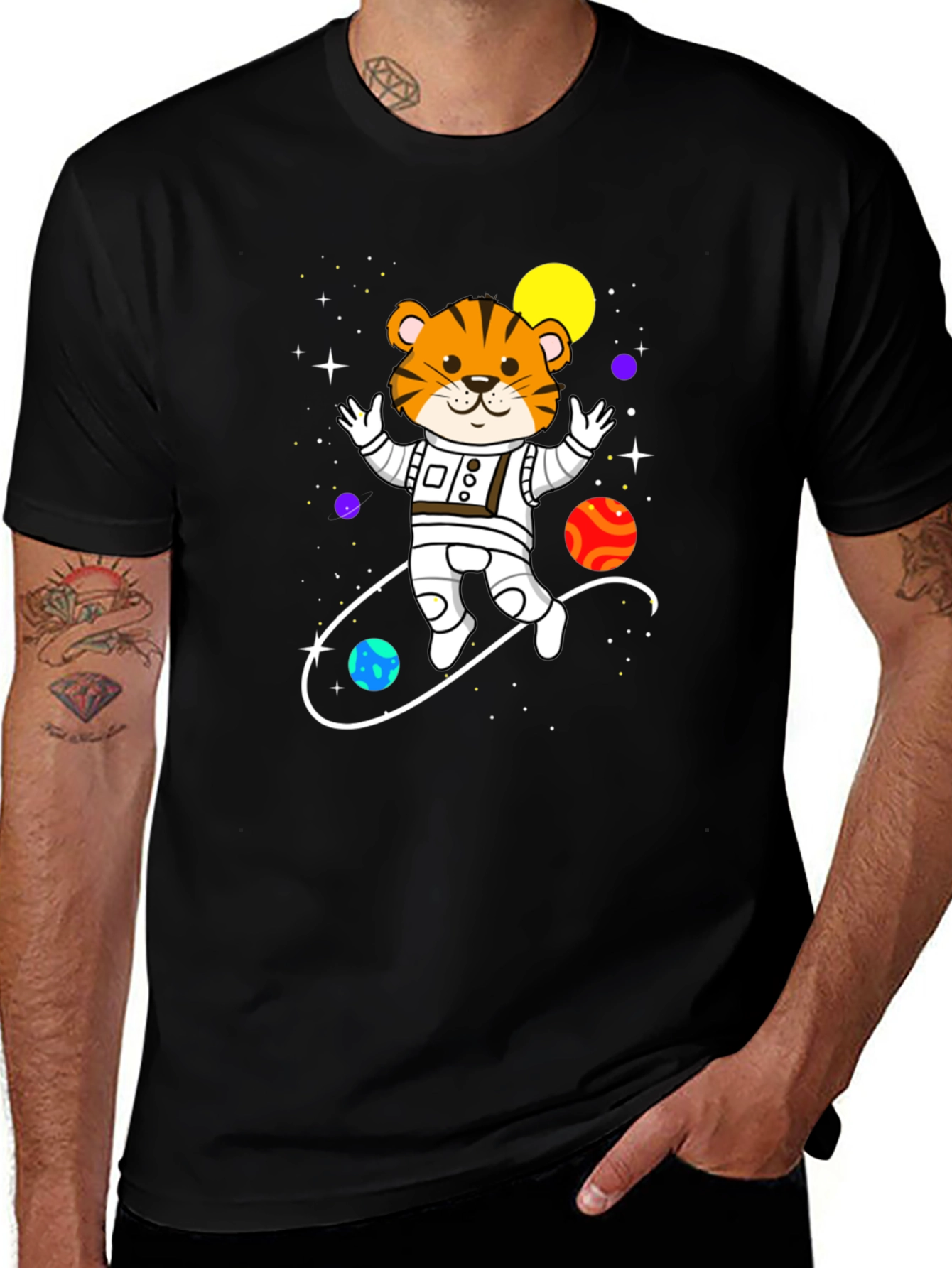 Variant 9 of Cartoon Tiger Astronaut Black T-Shirt
