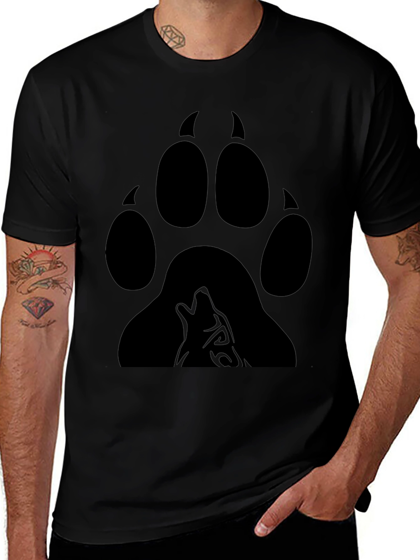 Variant 14 of Wolf Paw Print Graphic Tee - Black Cotton Blend