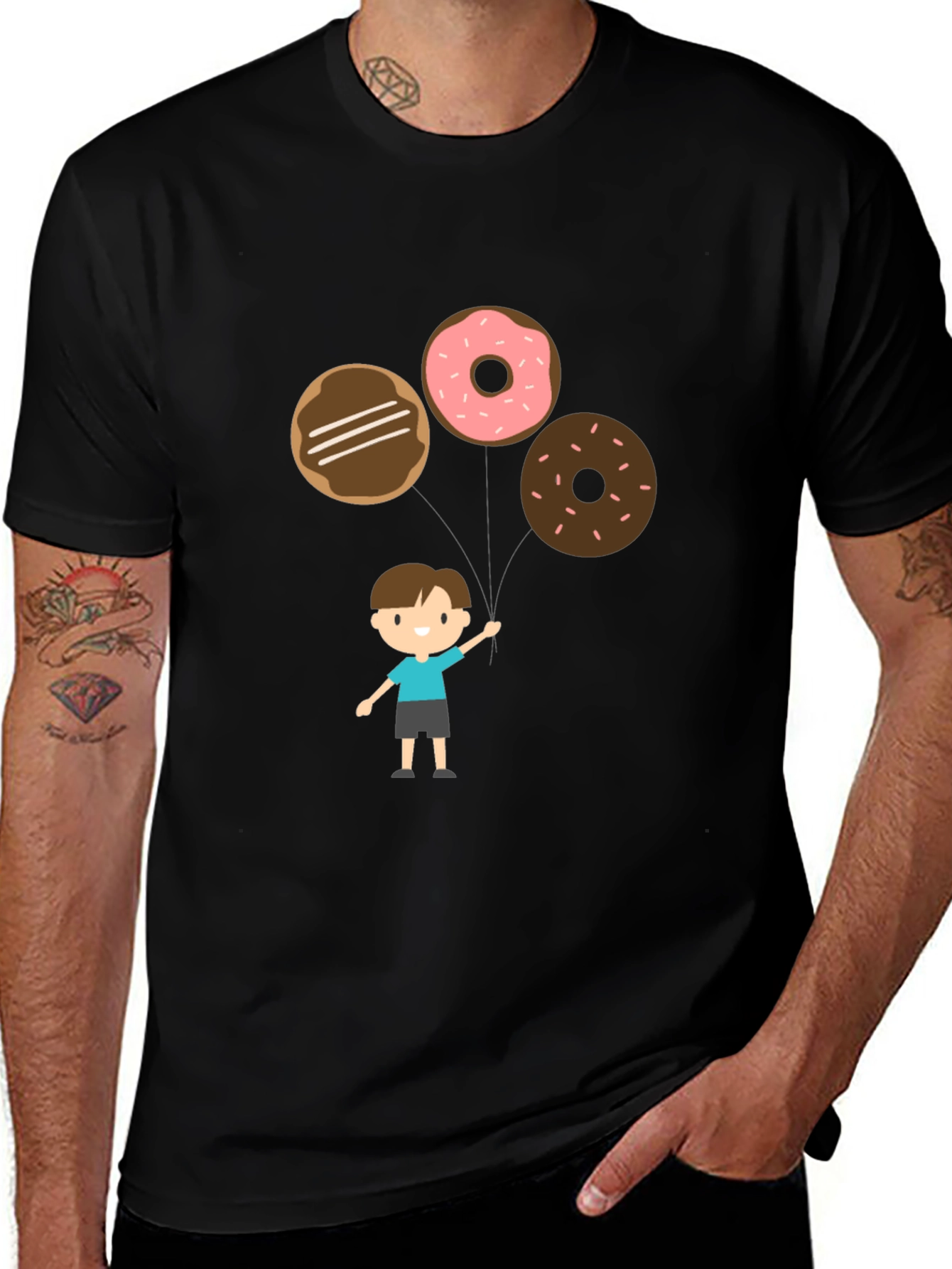 Cartoon Donut Balloon Graphic Tee - Black