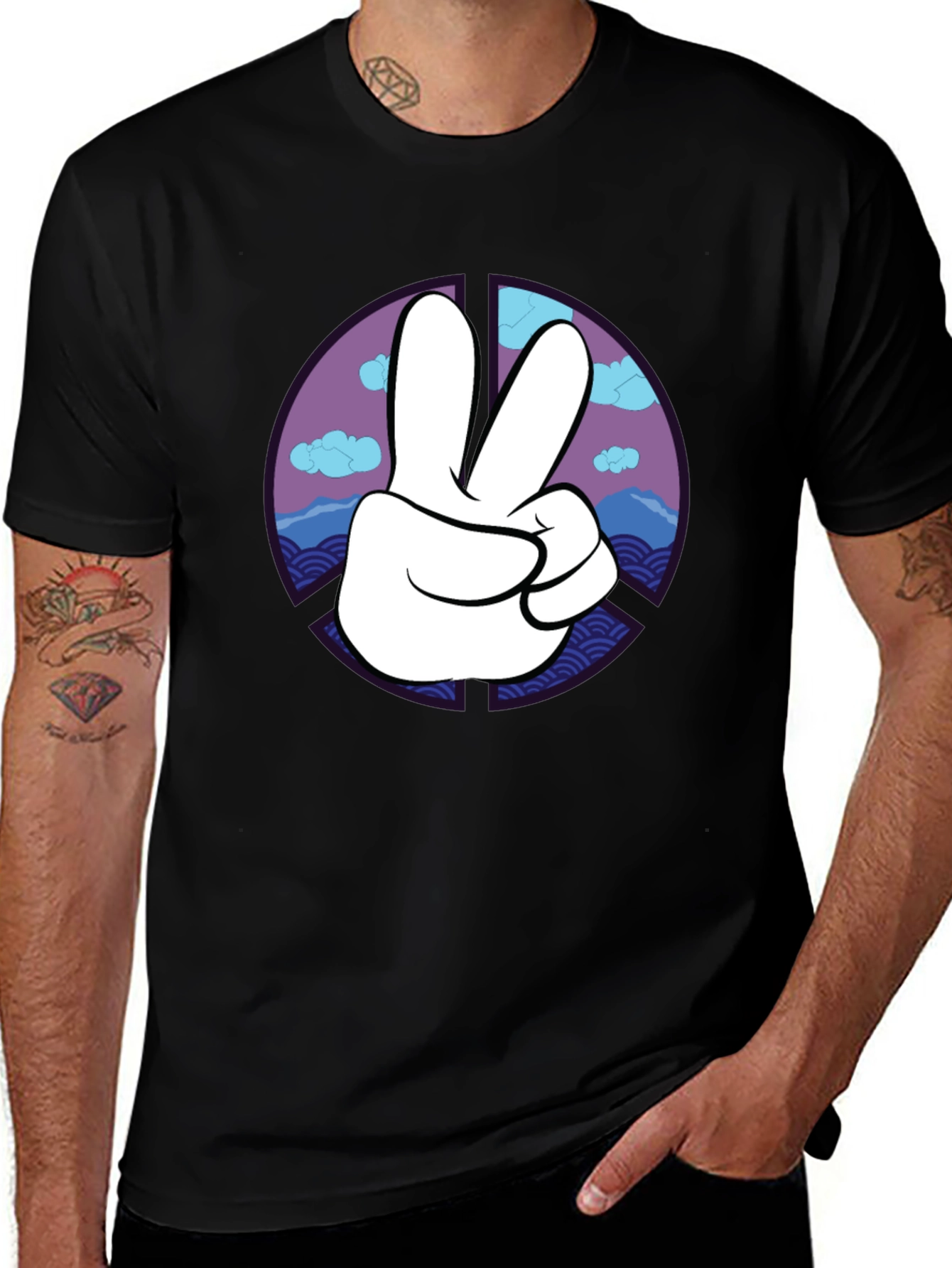 Peace Sign Graphic Tee - Black Crew Neck T-Shirt