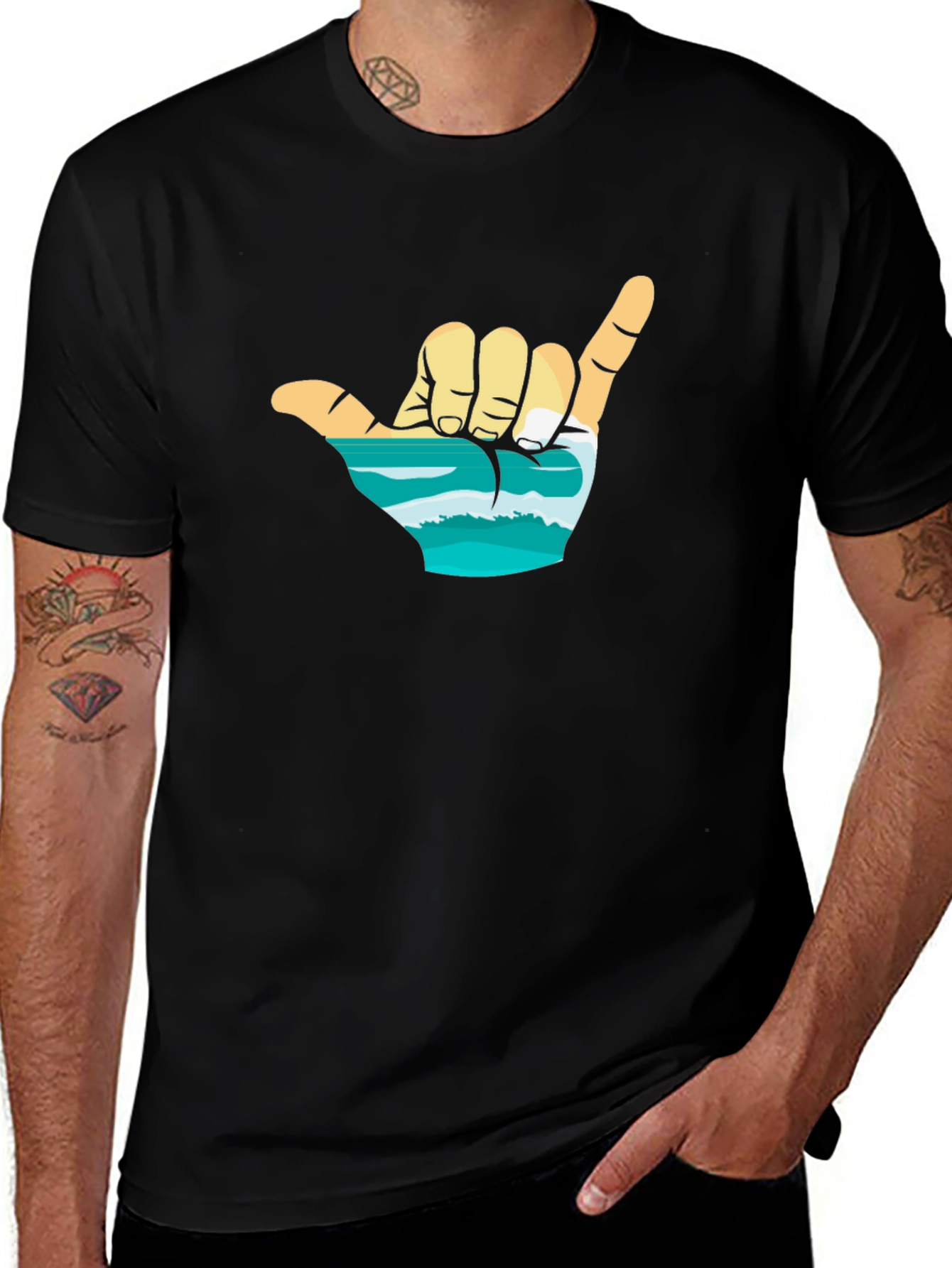Shaka Hand Wave Graphic Black T-Shirt