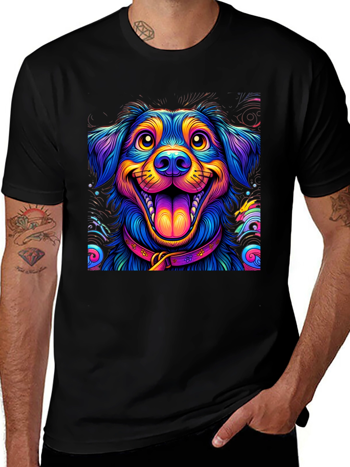 Variant 9 of Colorful Dog Graphic Tee - Black Cotton T-Shirt
