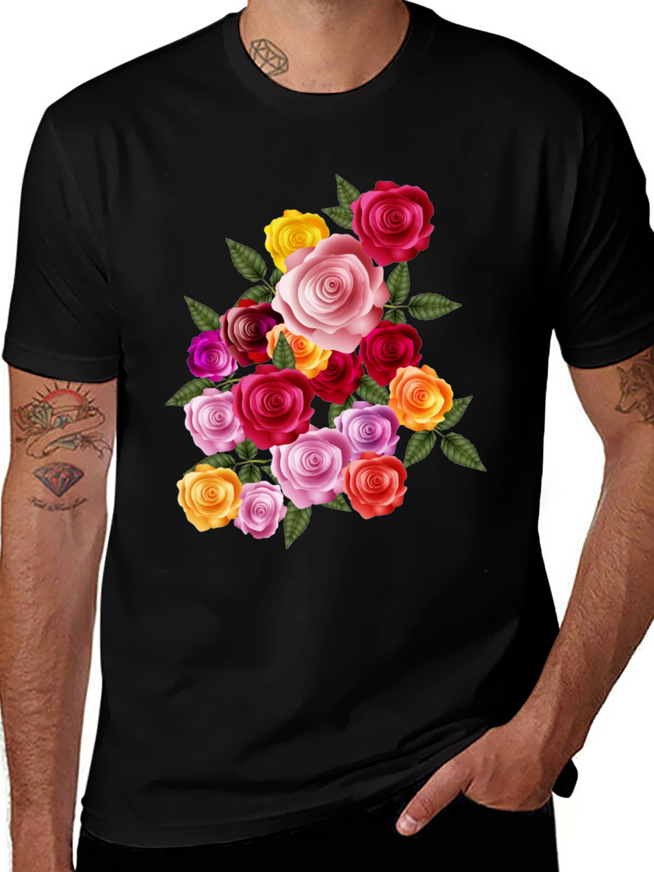 Variant 3 of Floral Rose Bouquet Graphic Tee - Black