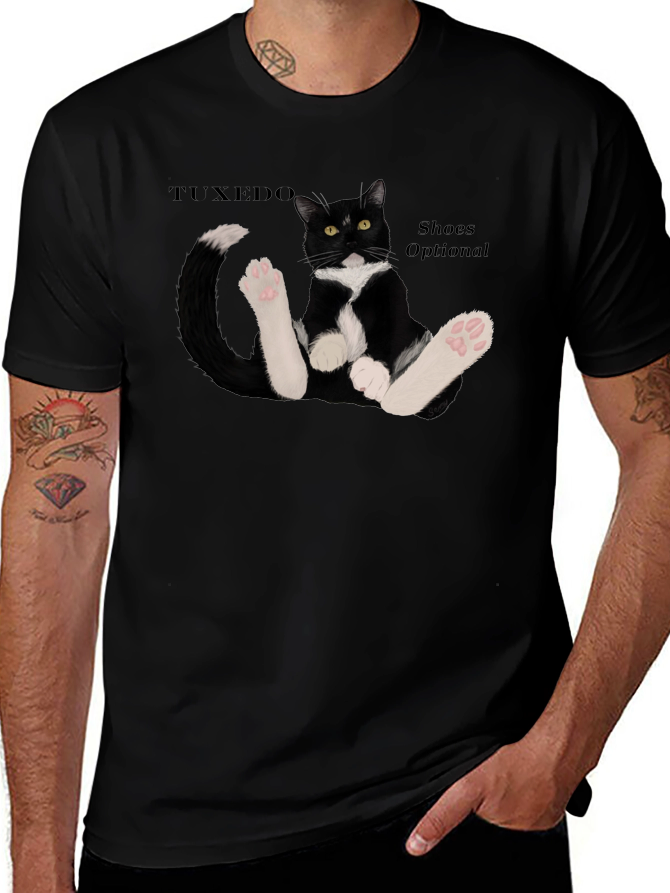 Variant 11 of Tuxedo Cat T-Shirt - Shoes Optional Black Tee