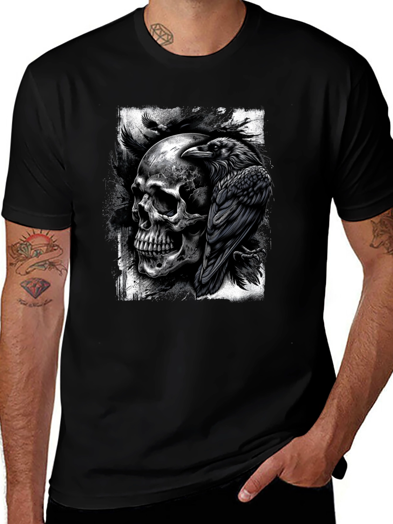 Variant 24 of Raven Skull Graphic T-Shirt - Dark Aesthetic