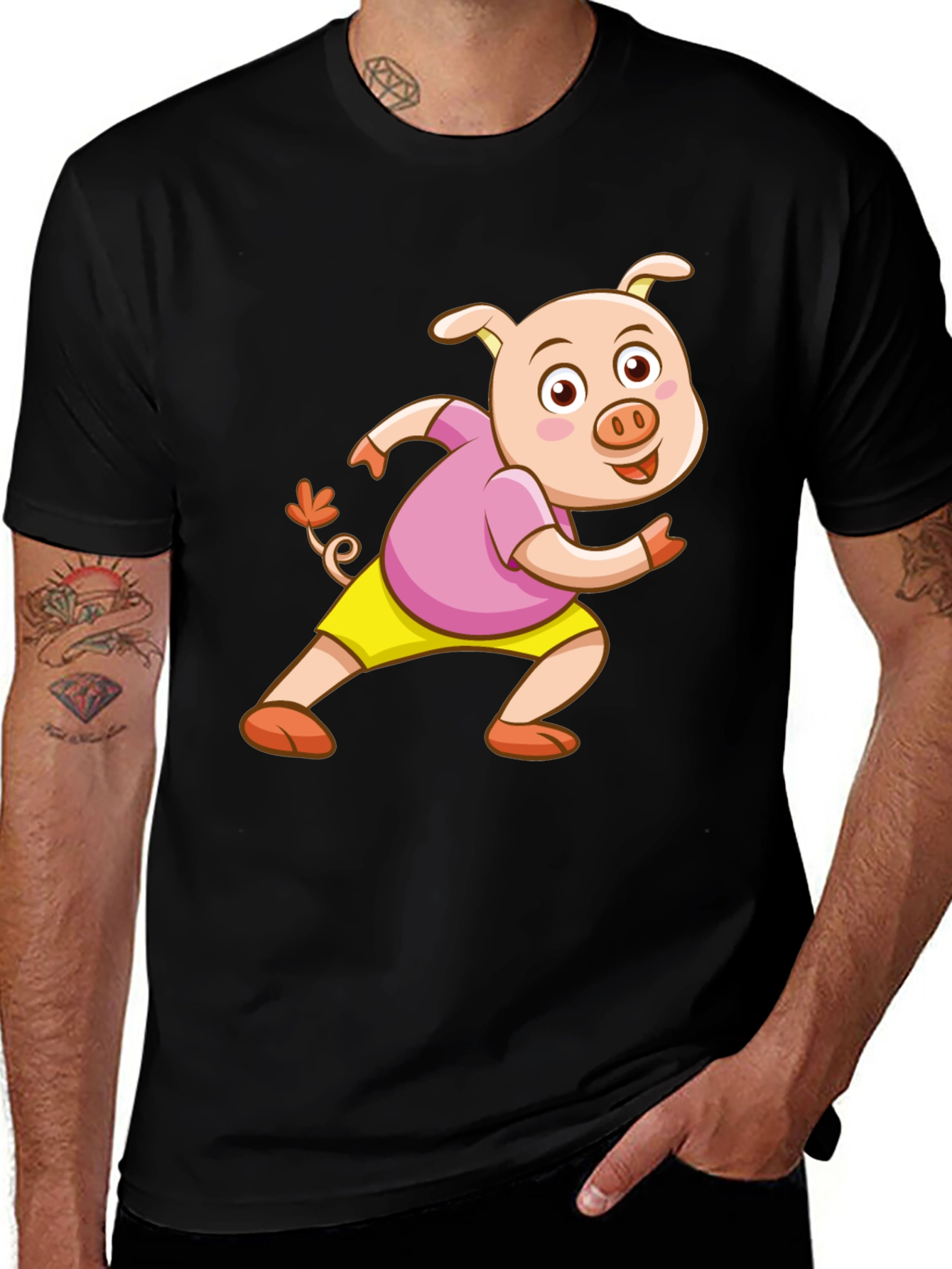 Variant 29 of Pig Cartoon Graphic Black T-Shirt