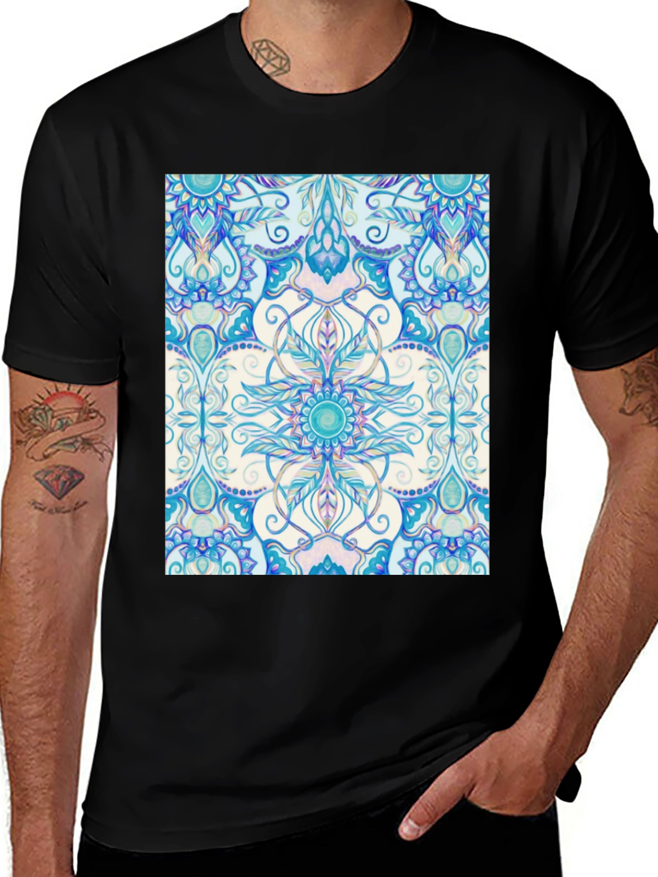 Variant 24 of Men's Blue Mandala Graphic Tee - Soft Cotton Comfort