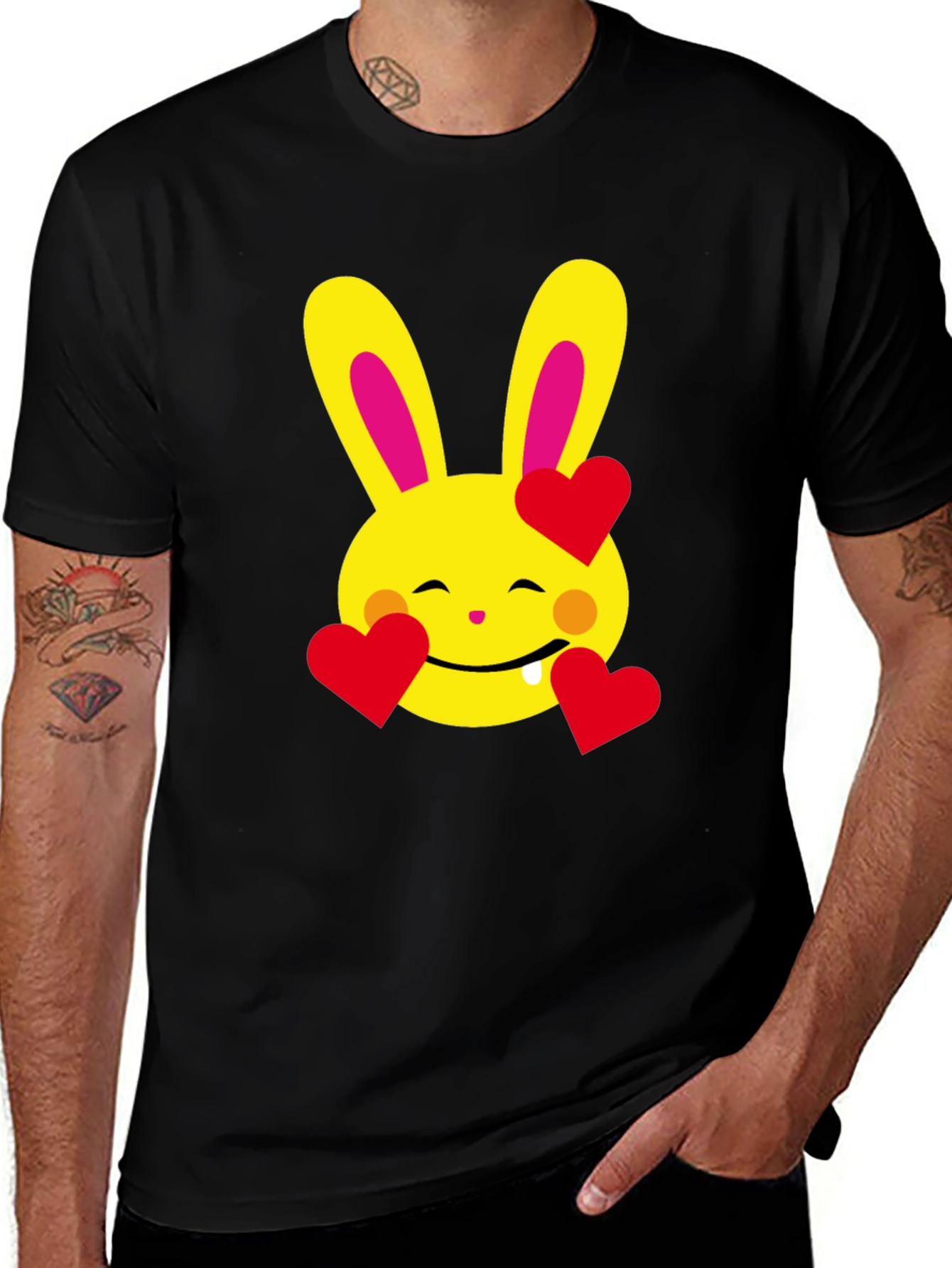Cute Bunny Love Emoji Black T-Shirt