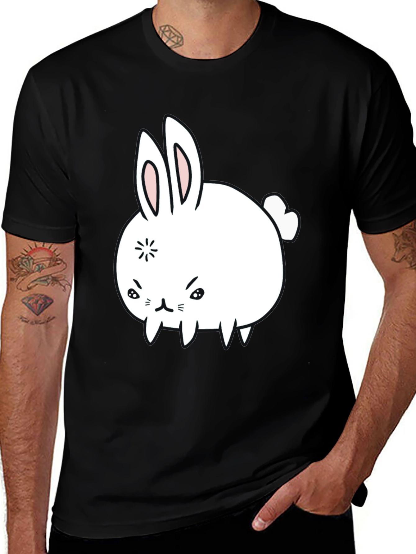 Variant 6 of Funny Angry Bunny Graphic Tee - Black Cotton T-Shirt