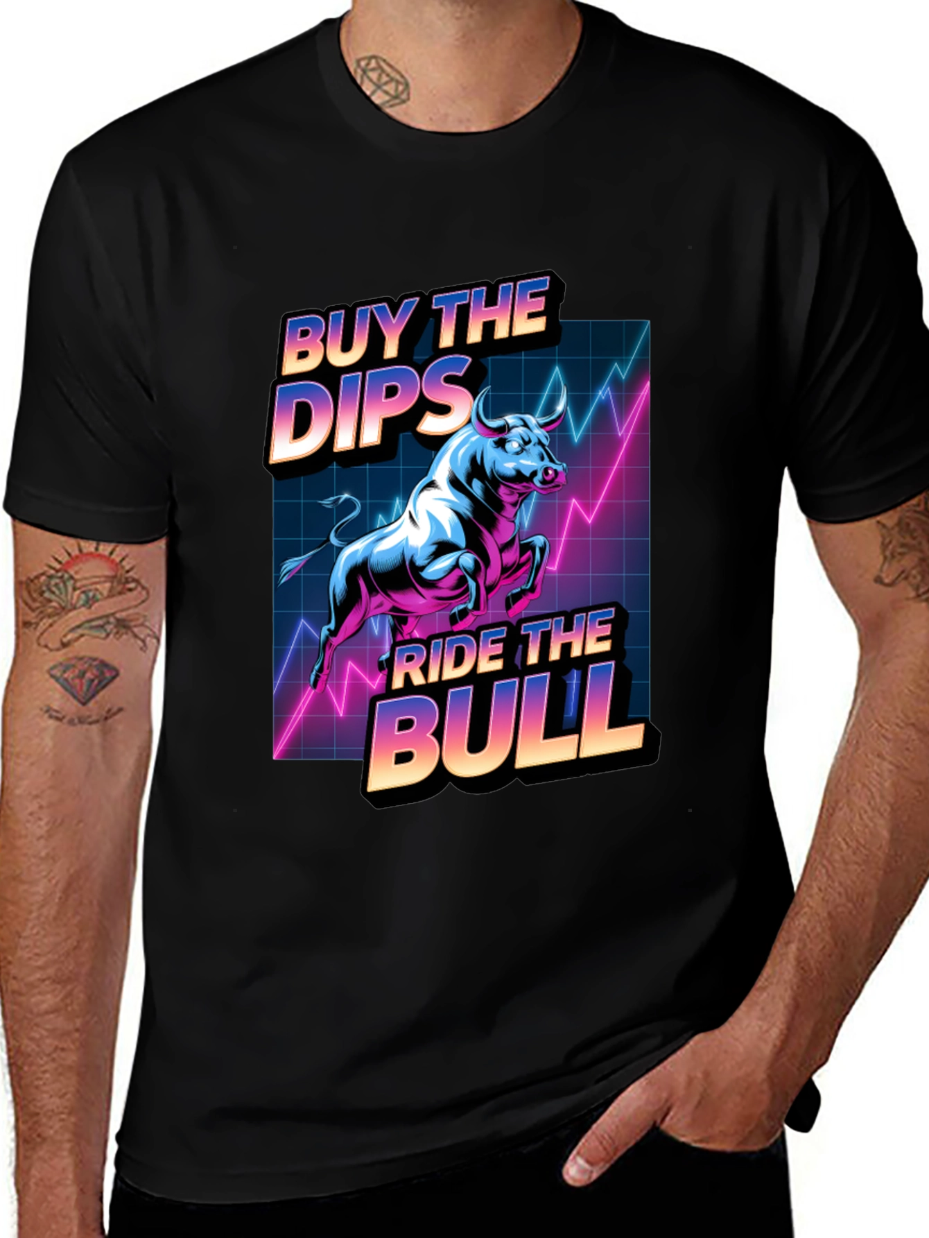 Buy the Dips, Ride the Bull Graphic Tee - Stock Market Apparel