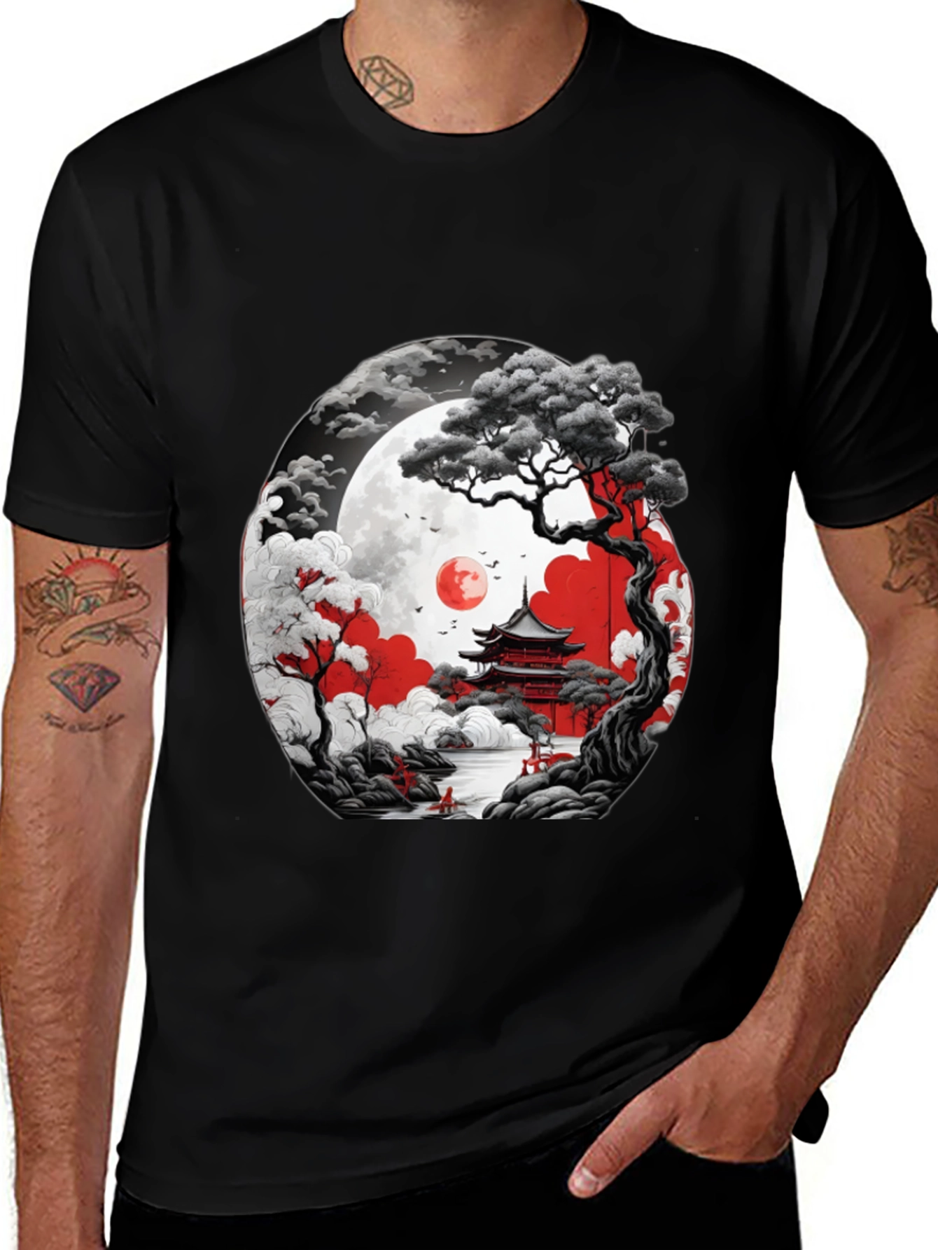 Japanese Temple Moon Graphic T-Shirt