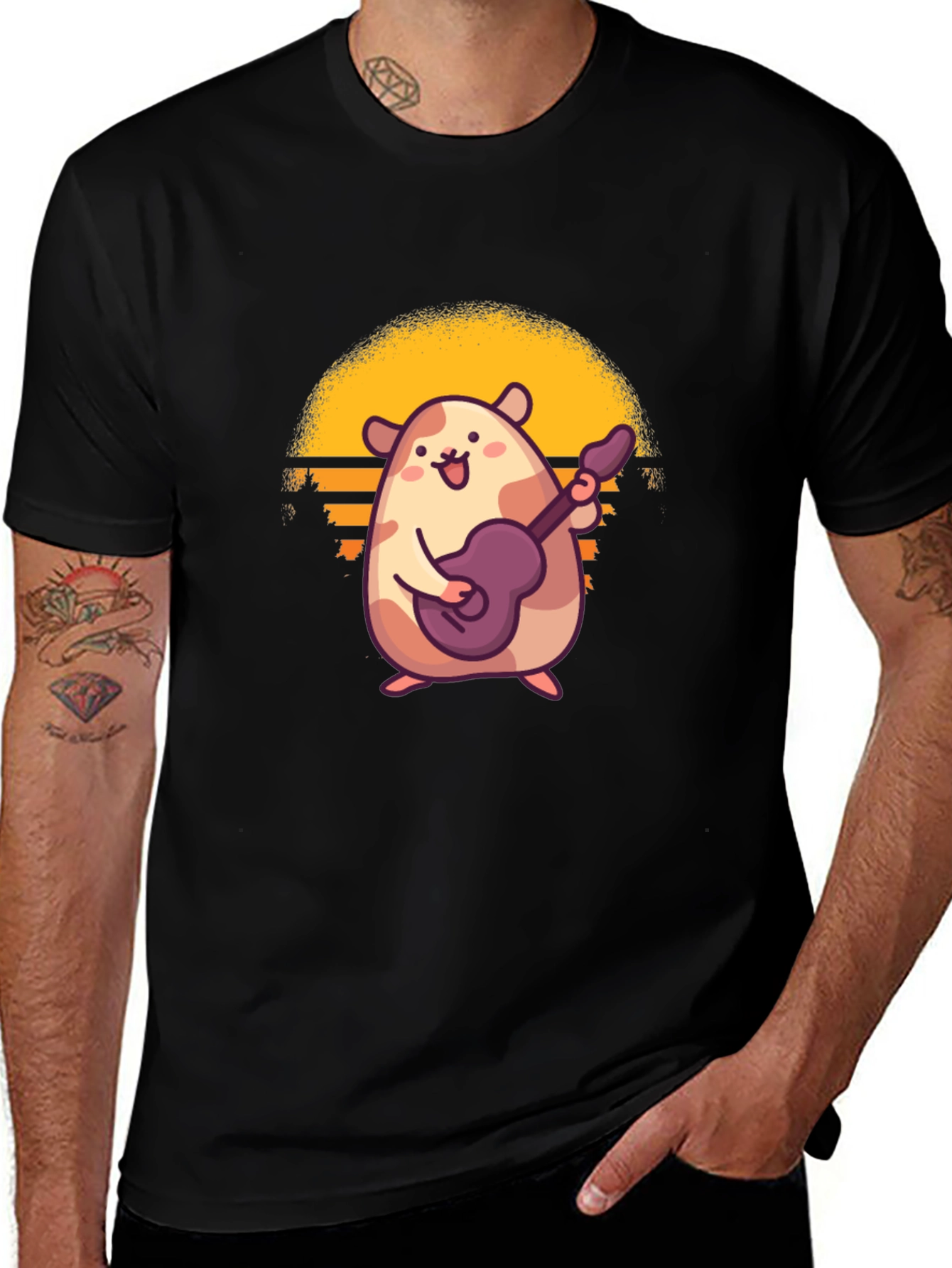 Variant 7 of Hamster Guitarist Graphic T-Shirt - Retro Sunset Design