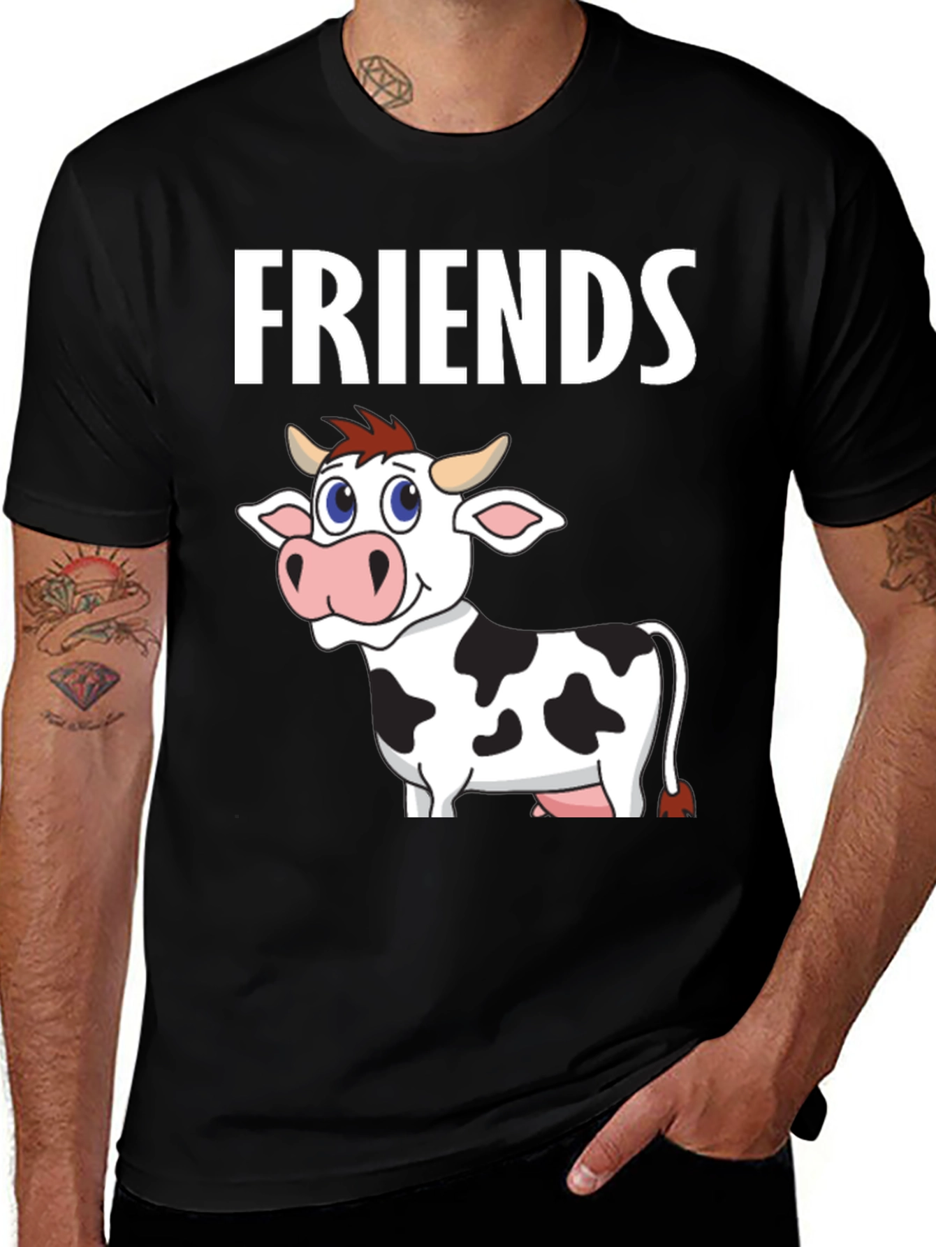 Variant 9 of Cow Friends Graphic Tee -  Black Crew Neck T-Shirt