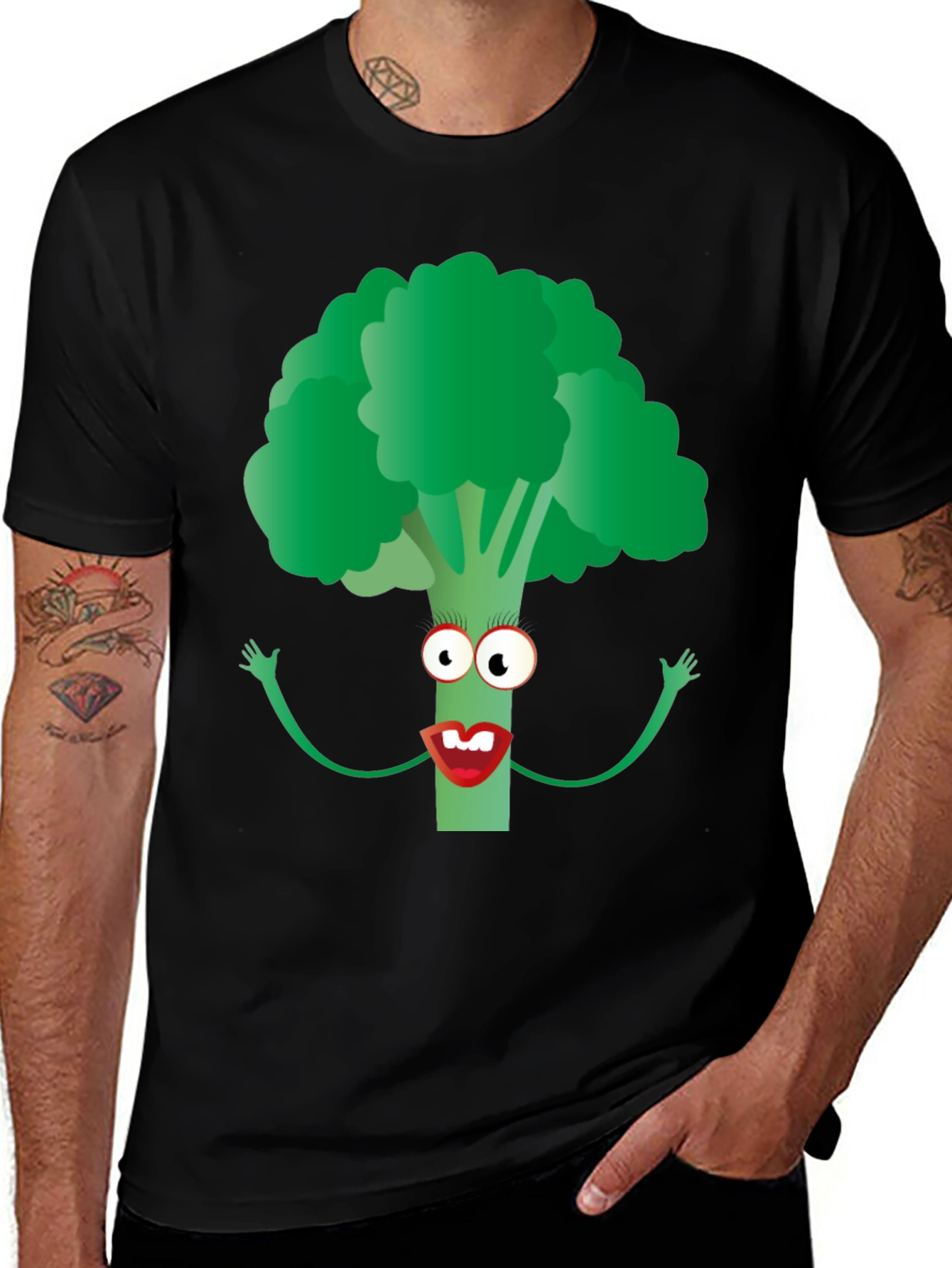 Broccoli Character Graphic Tee - Black Cotton Blend