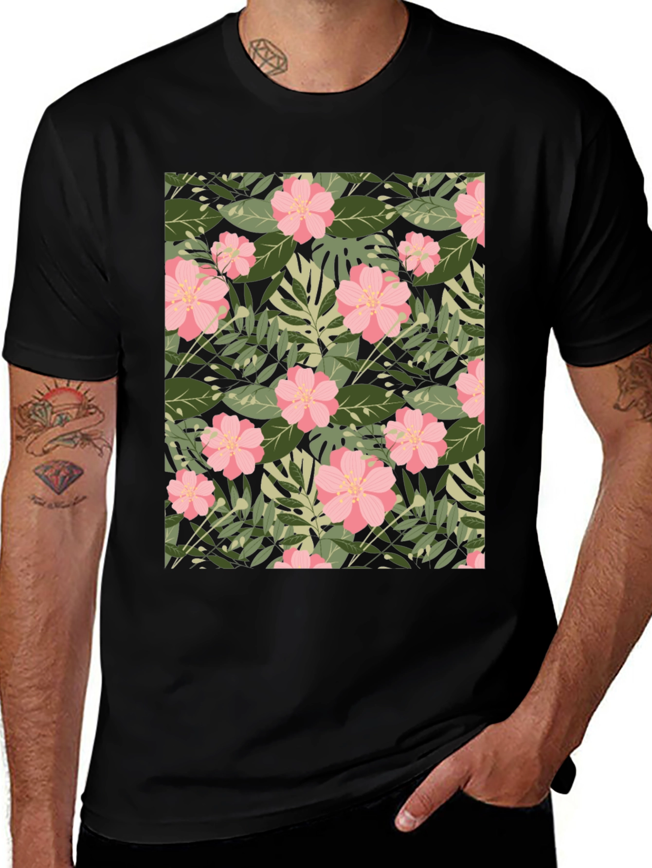 Variant 28 of Tropical Floral Print Black T-Shirt
