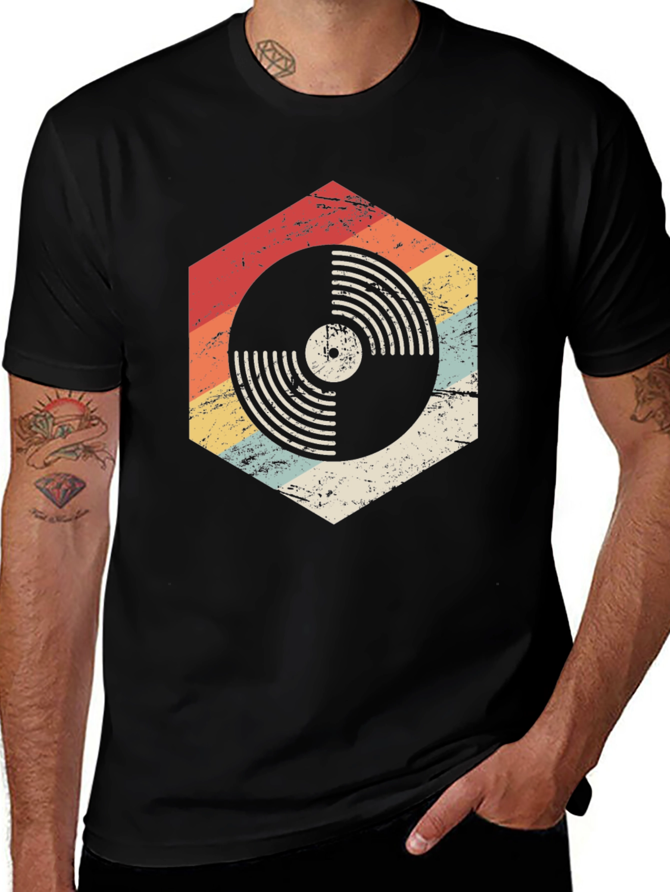 Retro Vinyl Record Graphic Tee - Black