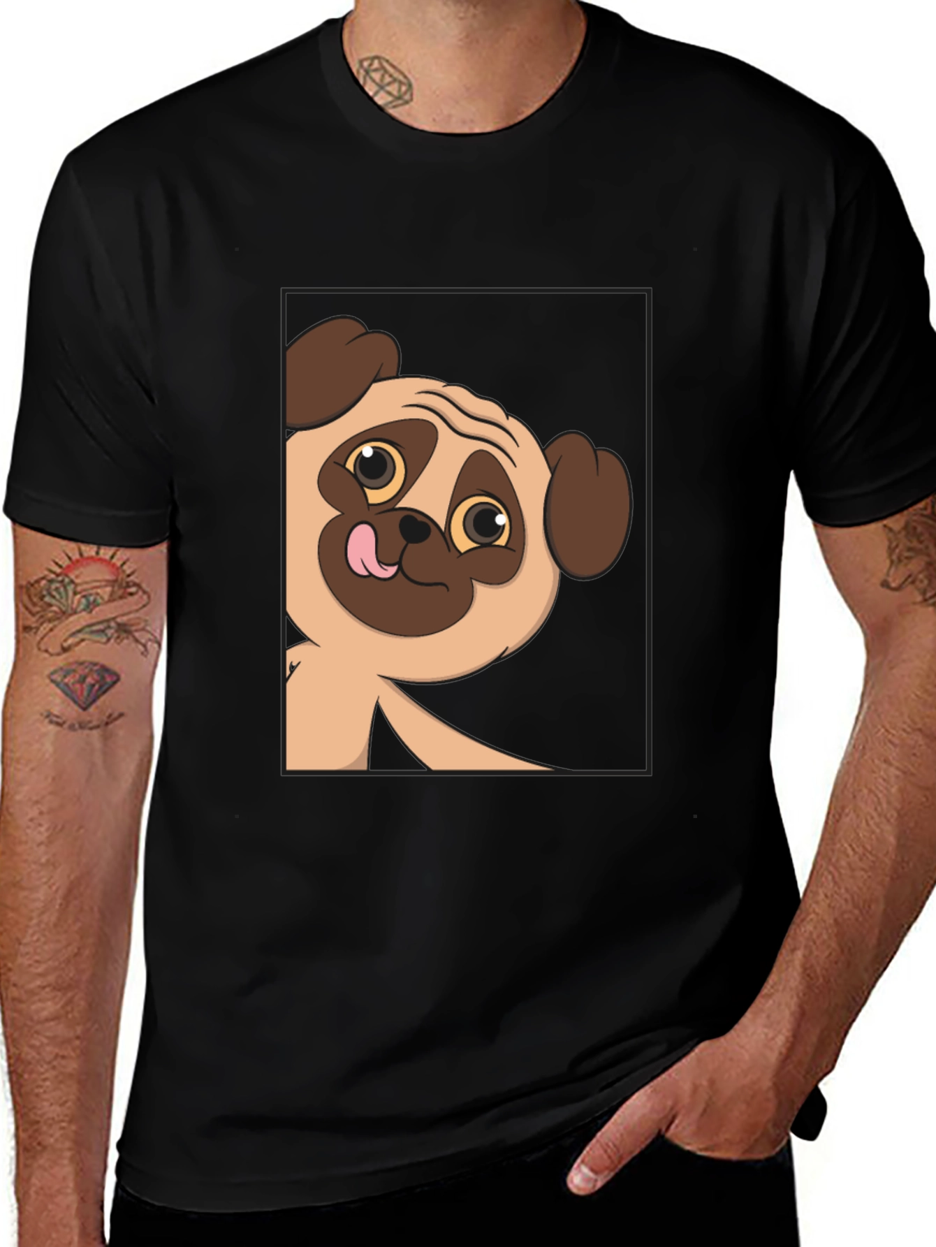 Cute Pug Peekaboo Black T-Shirt