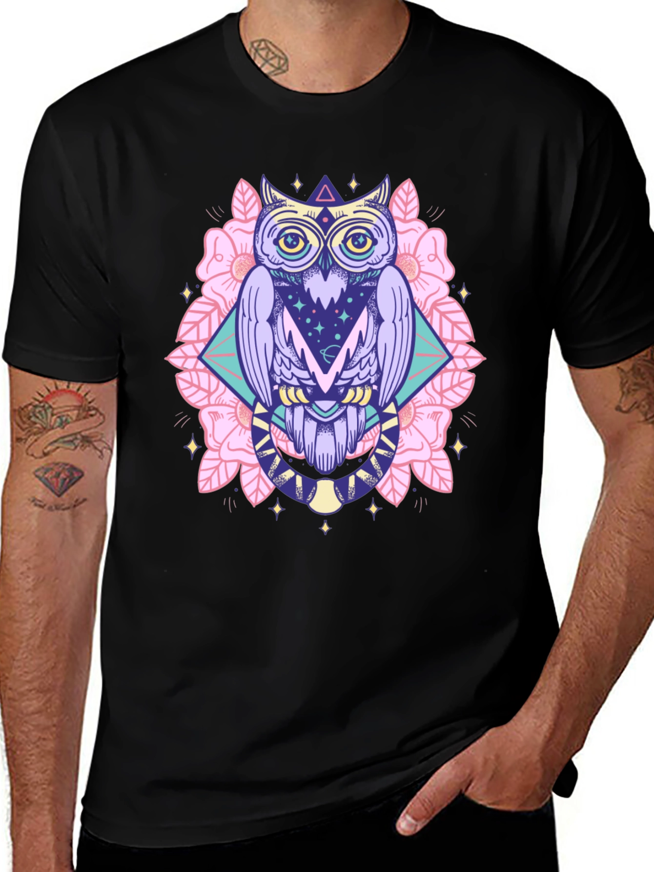Variant 3 of Mystical Owl Graphic Tee - Black Cotton Shirt
