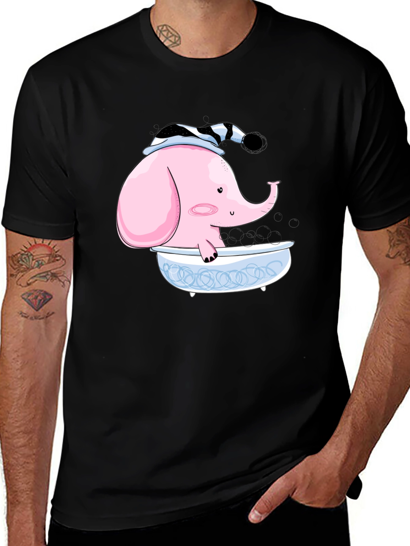 Variant 12 of Elephant in Tub Graphic Tee - Black Cotton T-Shirt