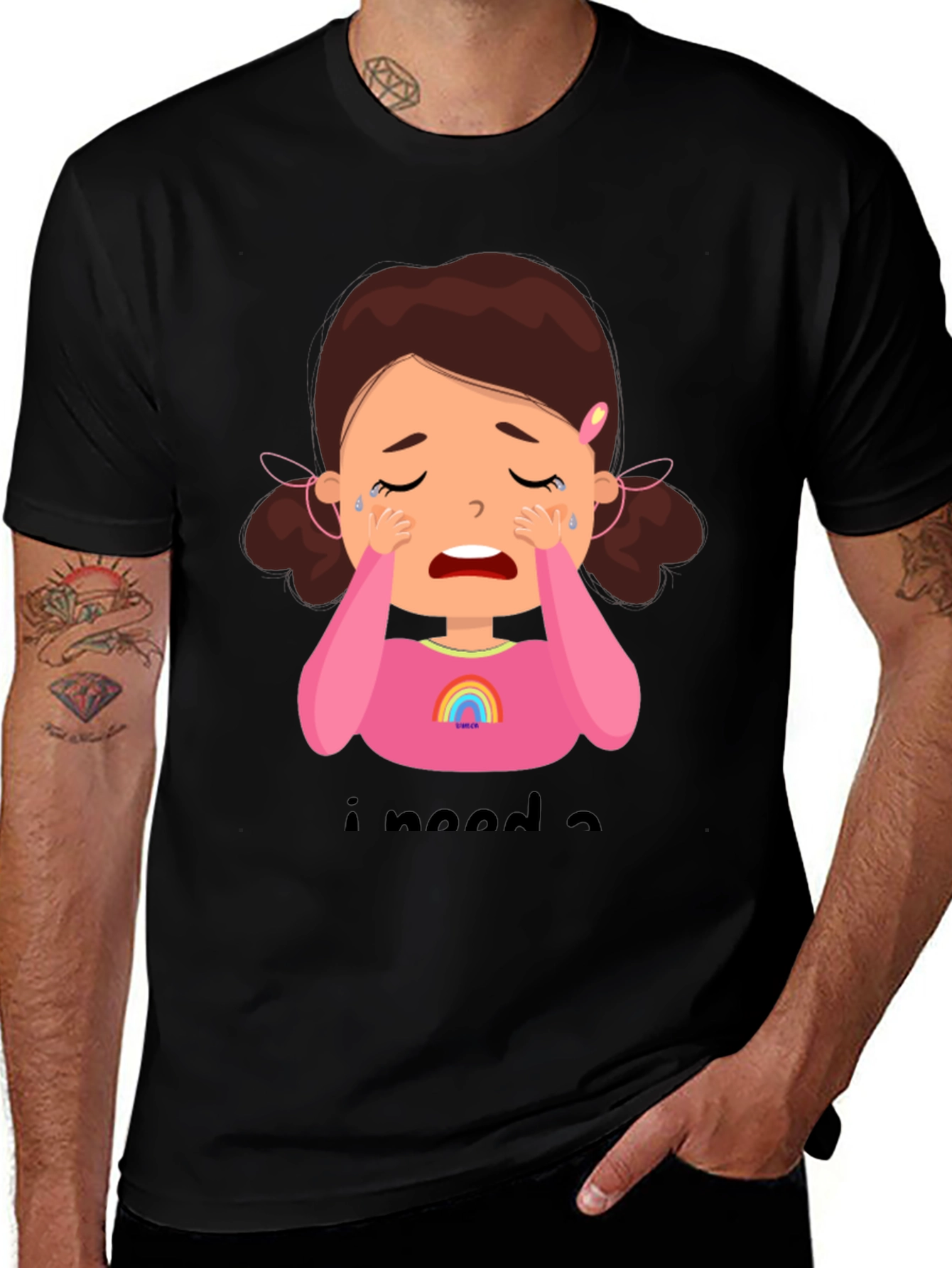 Variant 15 of Crying Cartoon Girl Graphic Tee - Black Unisex Shirt