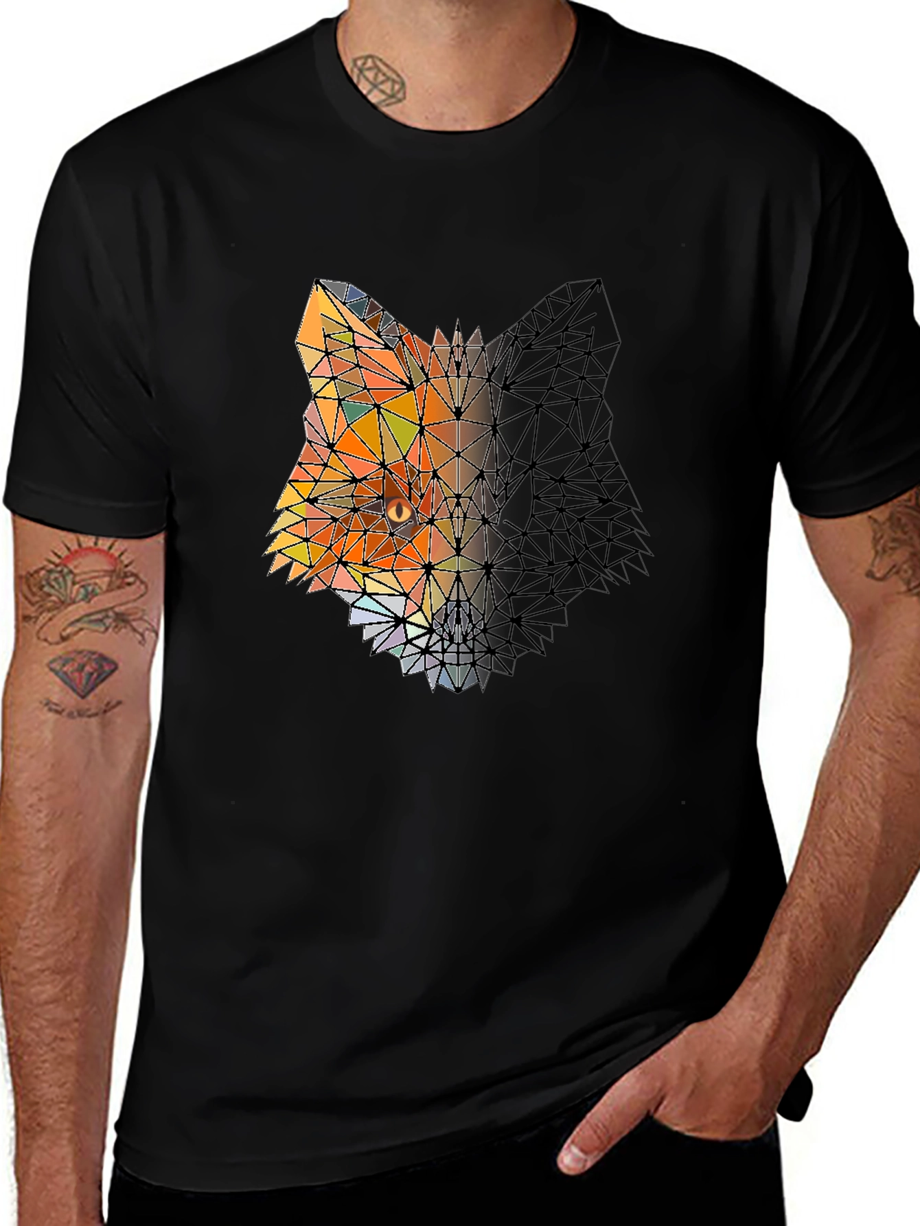 Black Geometric Fox Graphic Black T-Shirt main image