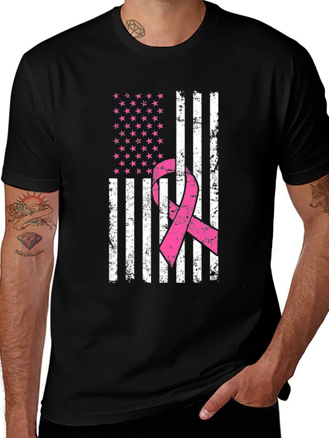 Variant 9 of Distressed Flag Breast Cancer Awareness T-Shirt