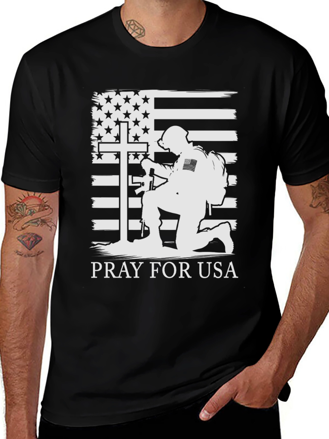 Variant 9 of Pray for USA T-Shirt Patriotic Soldier Graphic Tee