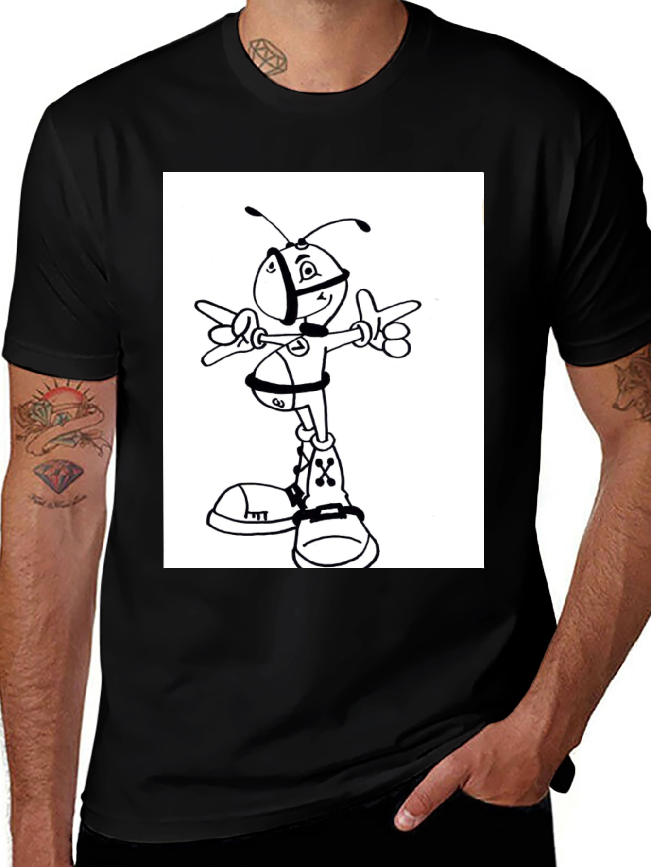 Cartoon Ant Graphic Print Black T-Shirt