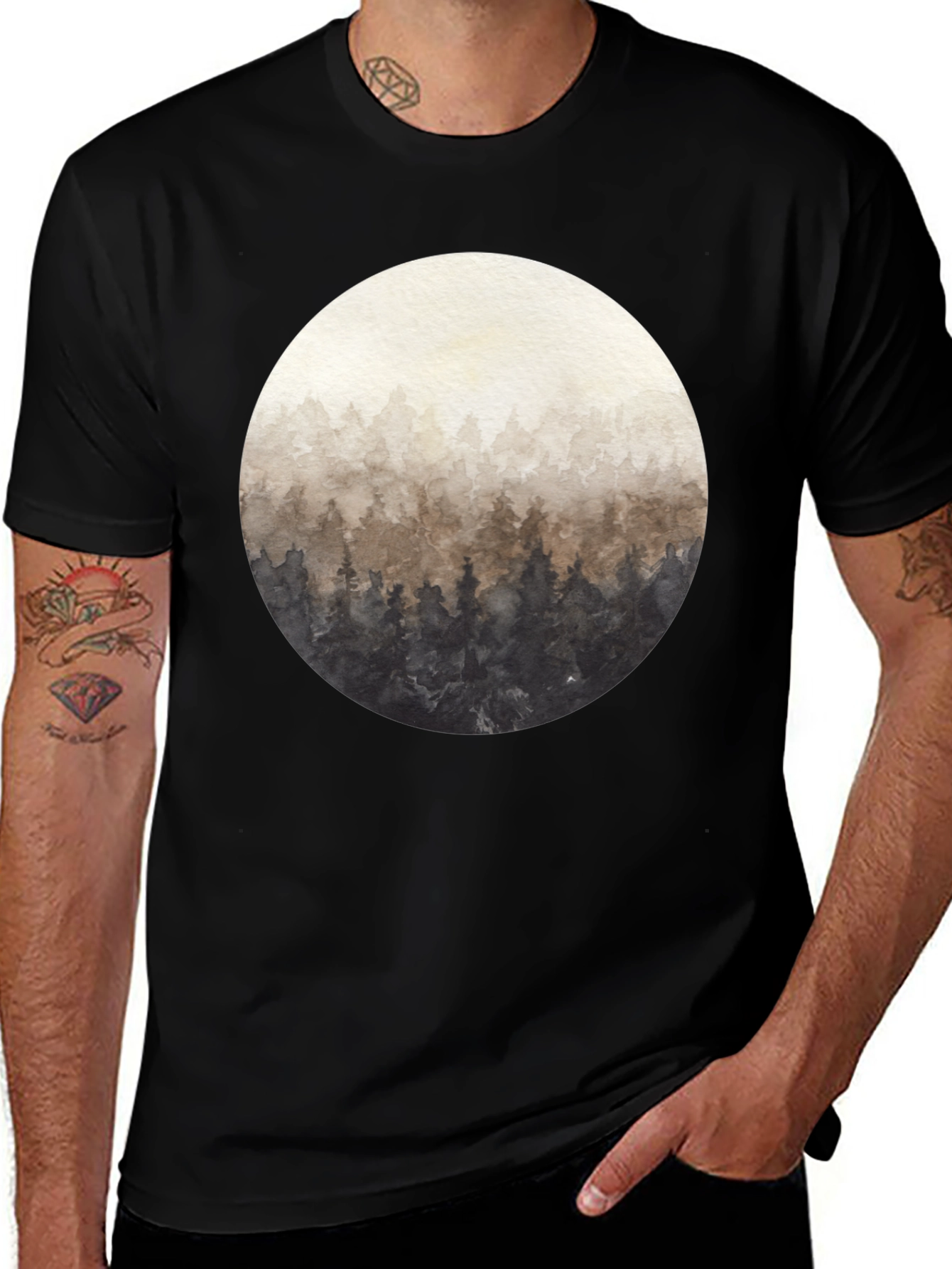 Variant 5 of Watercolor Forest Graphic Black T-Shirt